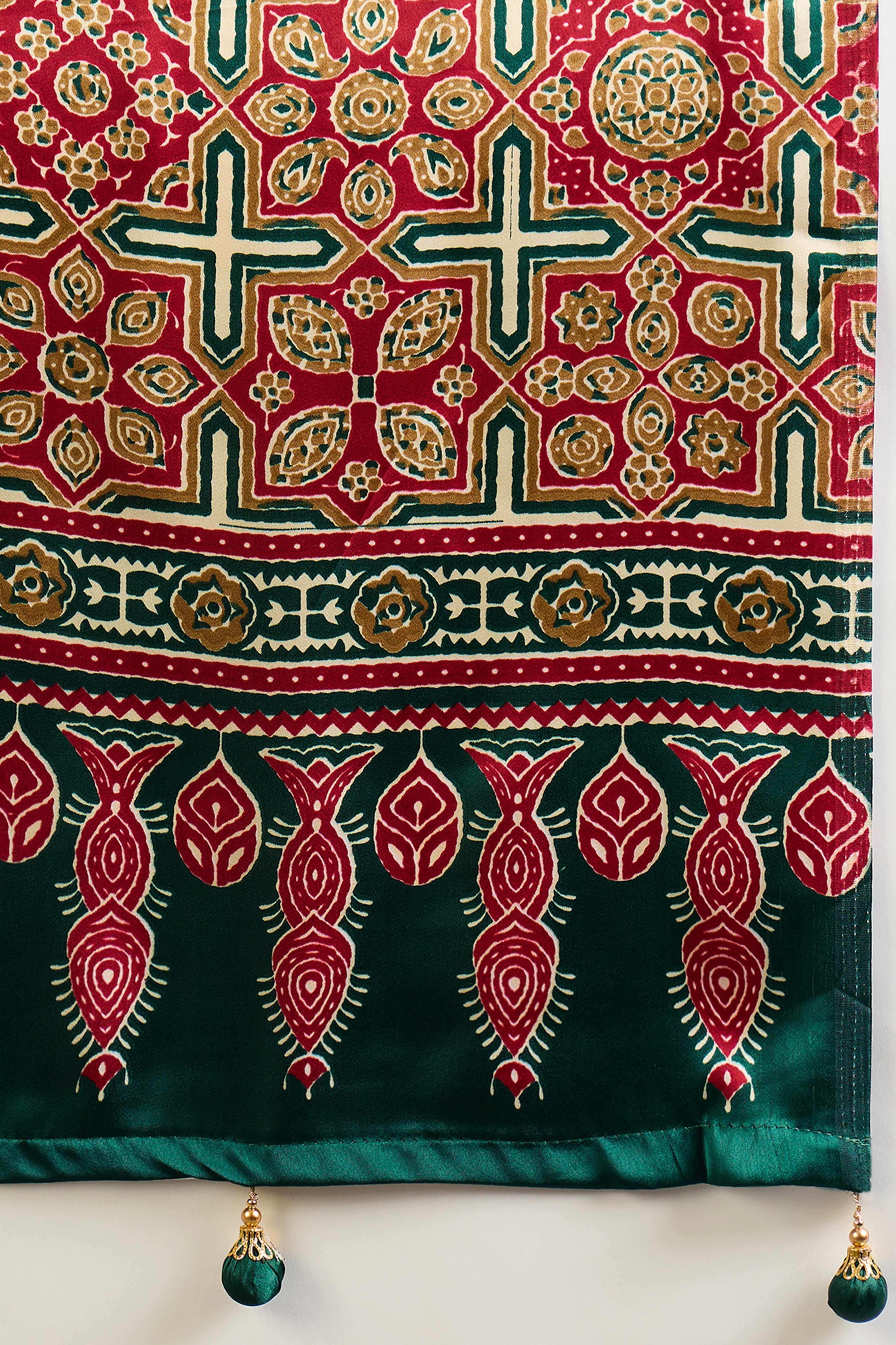 Green Solid Modal Satin Saree Highlighted with Classic Ajrakh Pallu Design - Image 9
