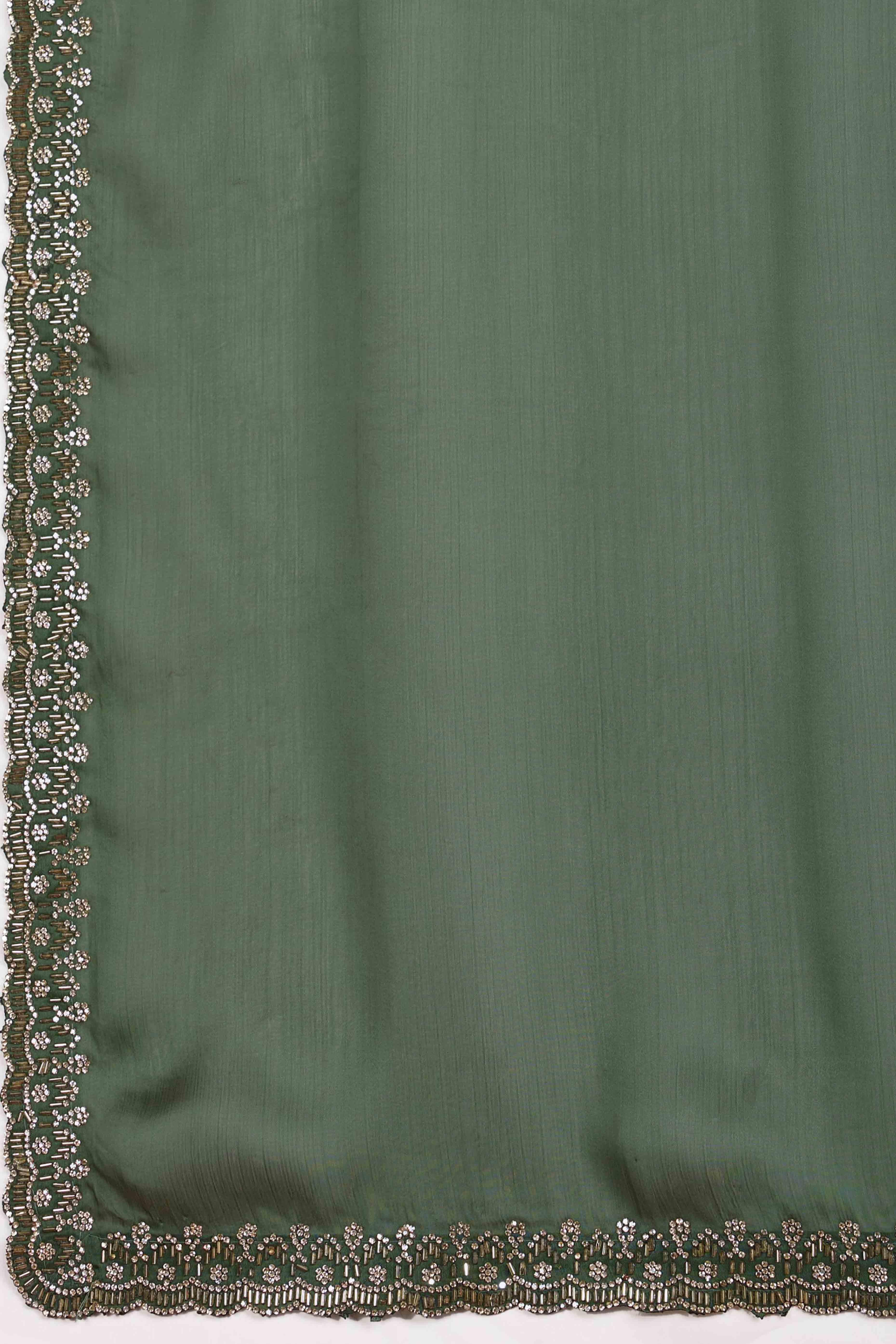 Green Solid Satin Chiffon Saree With Cutdana & Zarkan Handwork - Image 9