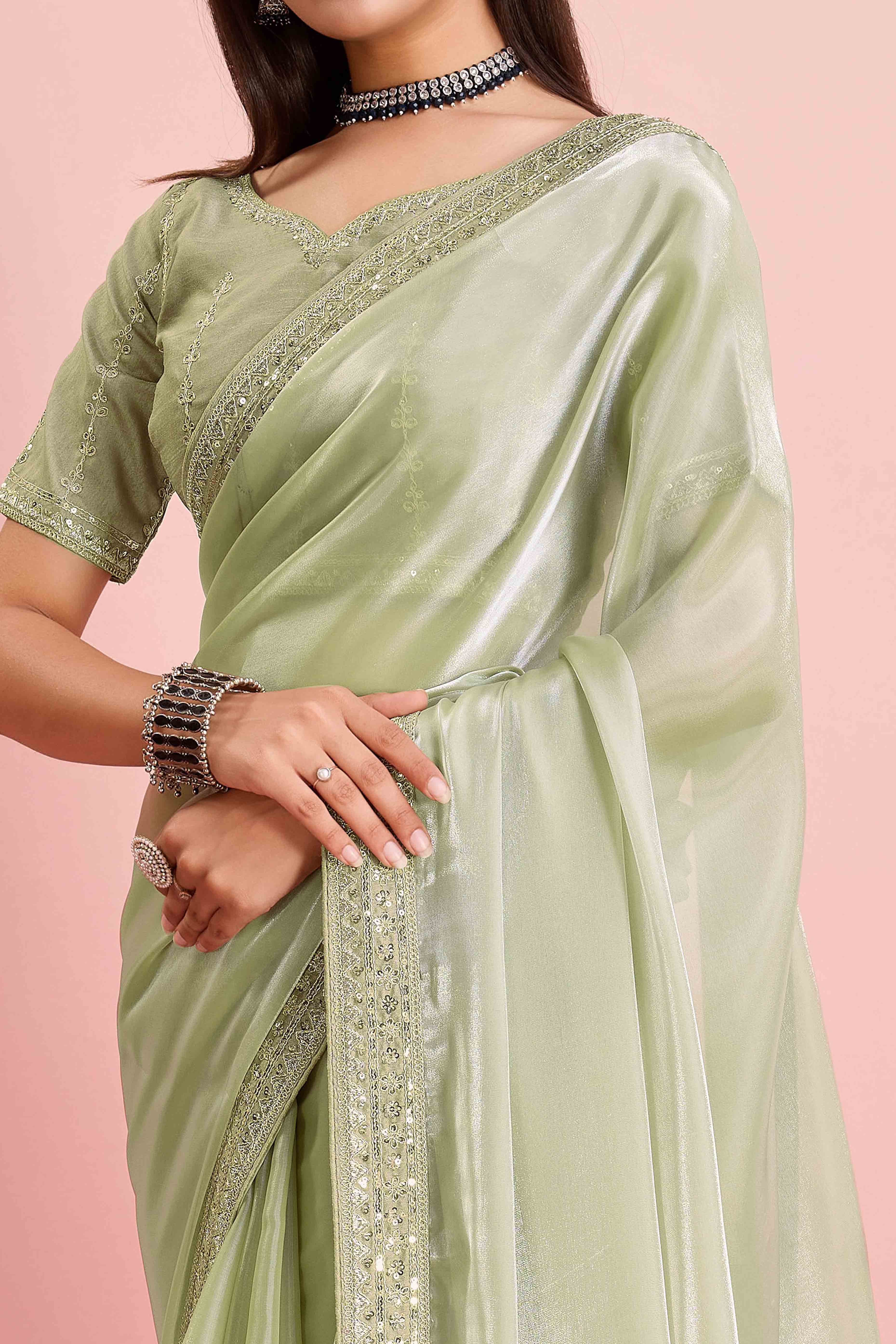 Green Solid With Floral Sequins Embroidered Jimmy Choo Tissue Saree - Image 2