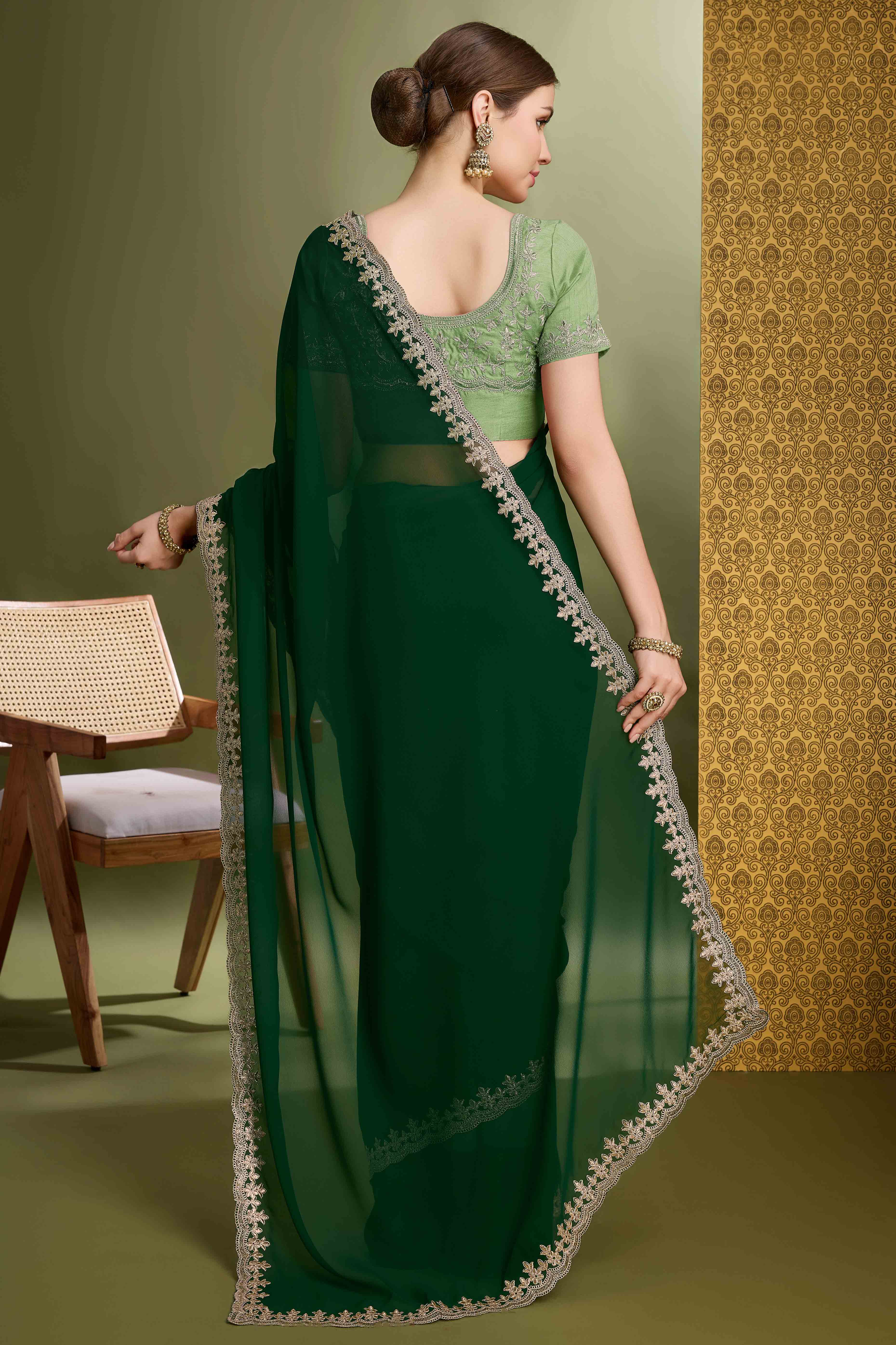 Green Solid With Zari Embroidered Georgette Saree - Image 5