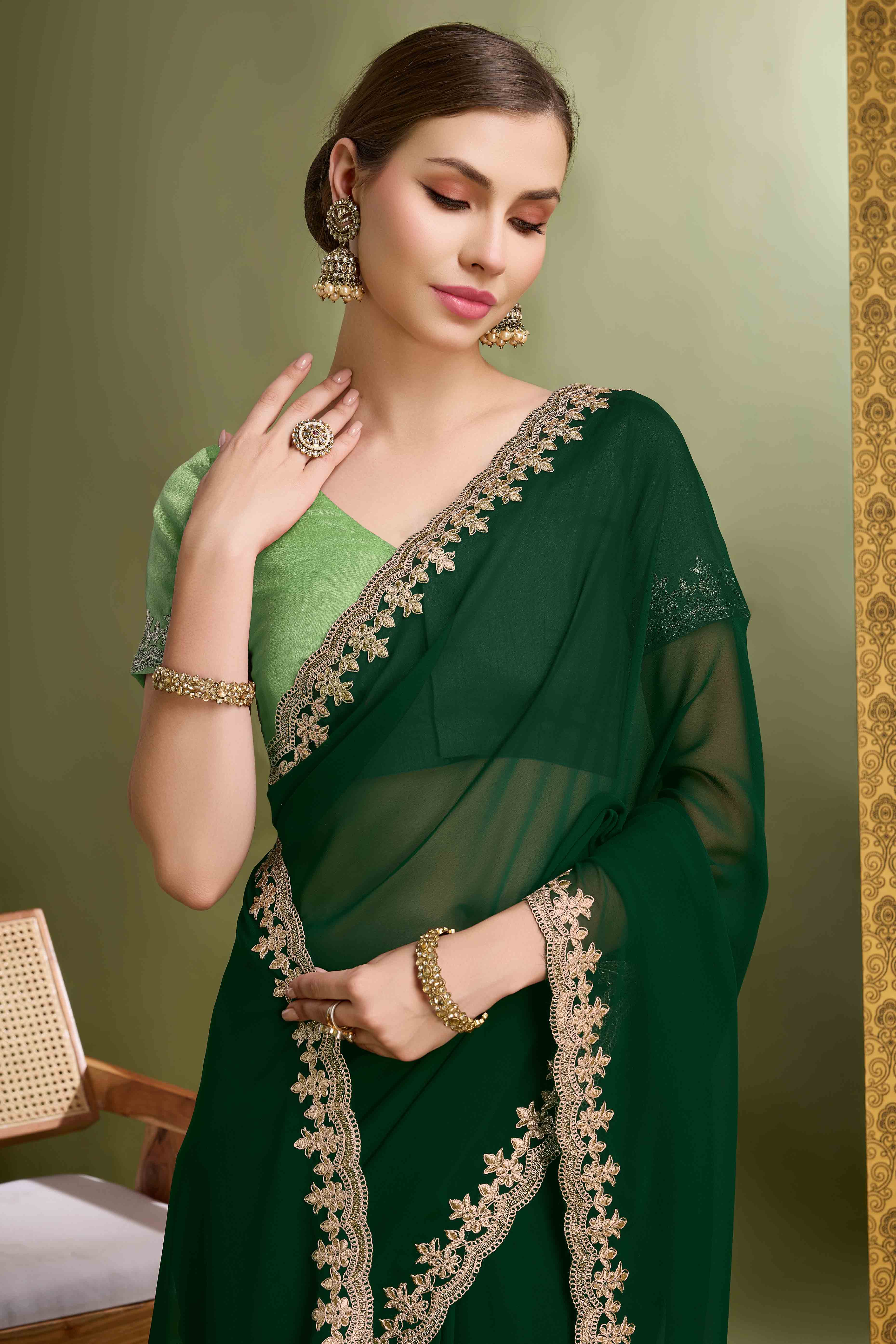 Green Solid With Zari Embroidered Georgette Saree - Image 6