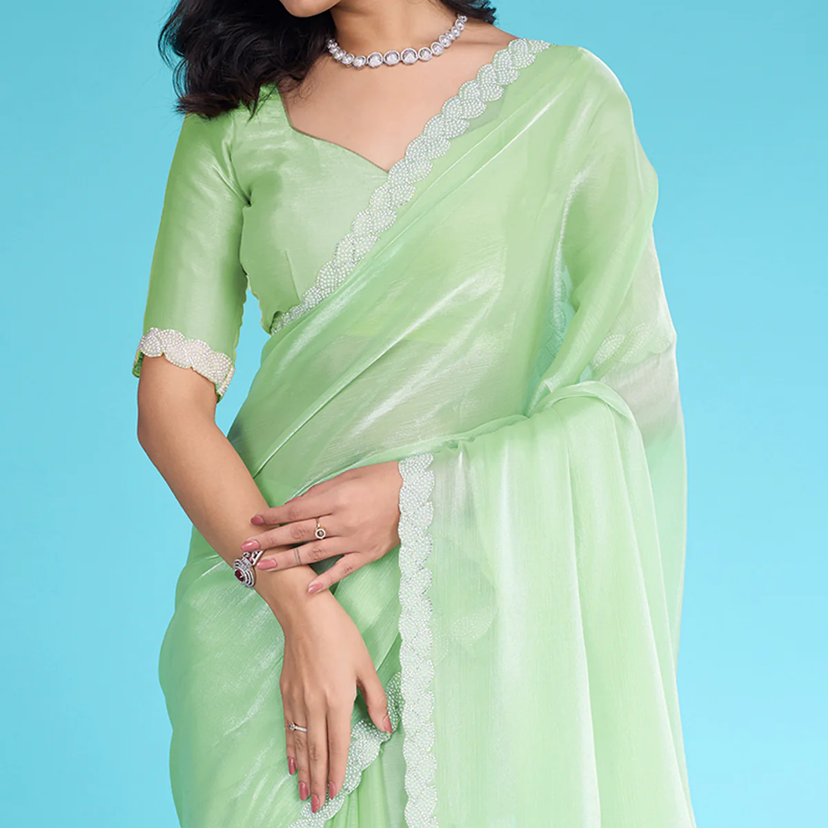 Green Solid With Zarkan & Ceramic Pearl Diamond Lace Tissue Saree - Image 3