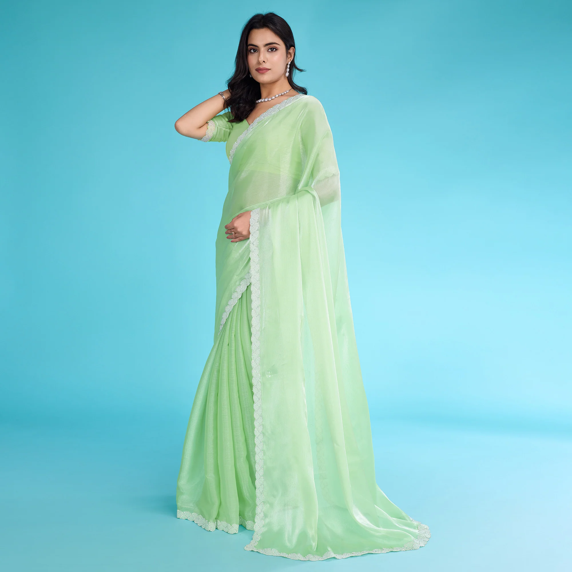 Green Solid With Zarkan & Ceramic Pearl Diamond Lace Tissue Saree - Image 4