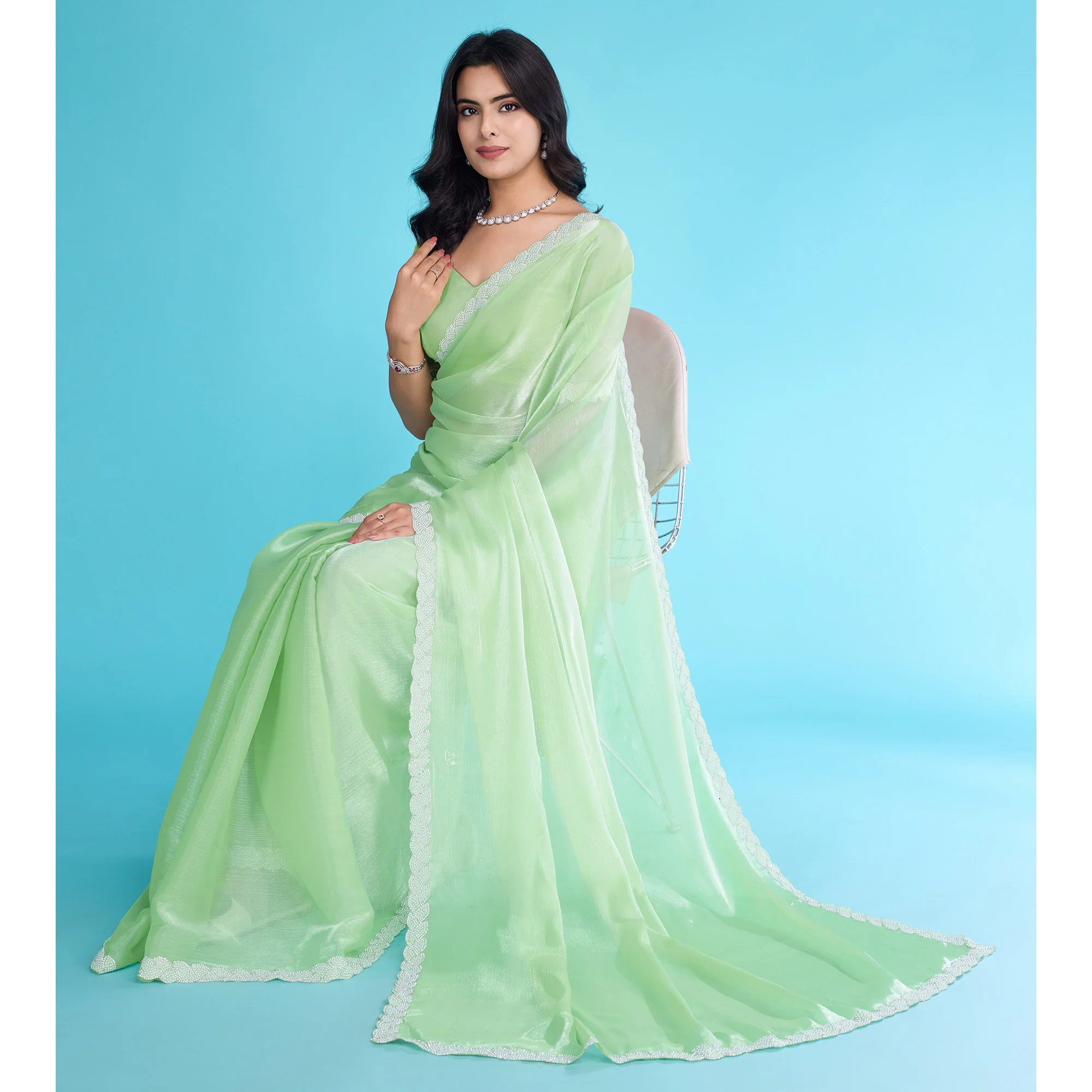 Green Solid With Zarkan & Ceramic Pearl Diamond Lace Tissue Saree - Image 5