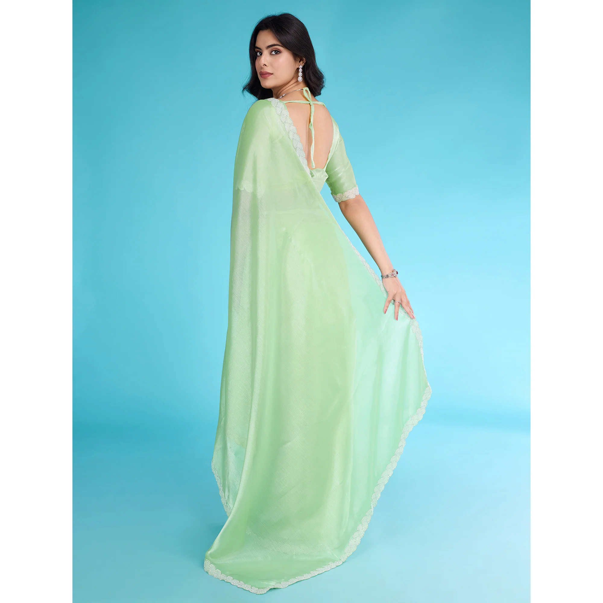 Green Solid With Zarkan & Ceramic Pearl Diamond Lace Tissue Saree - Image 6