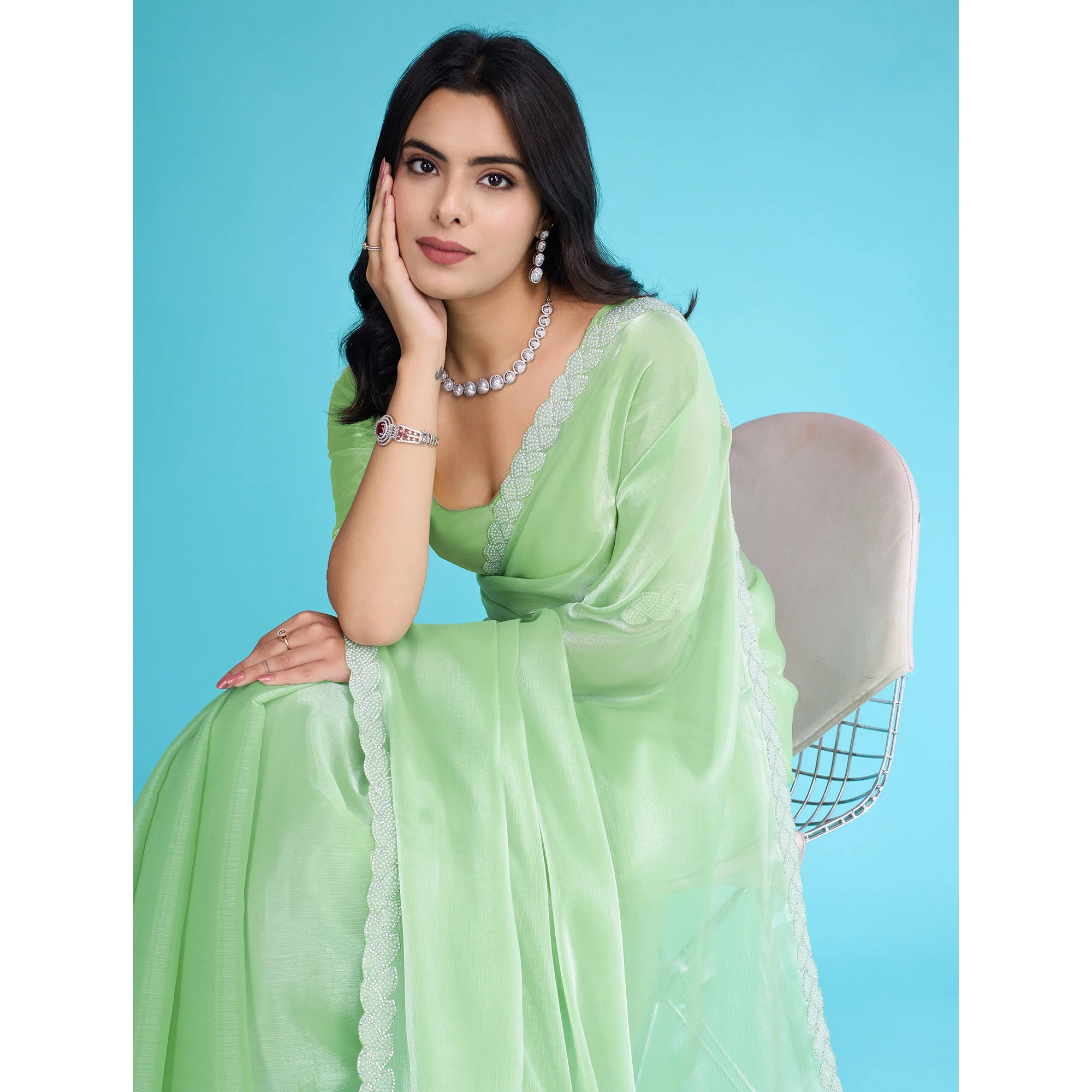Green Solid With Zarkan & Ceramic Pearl Diamond Lace Tissue Saree - Image 7