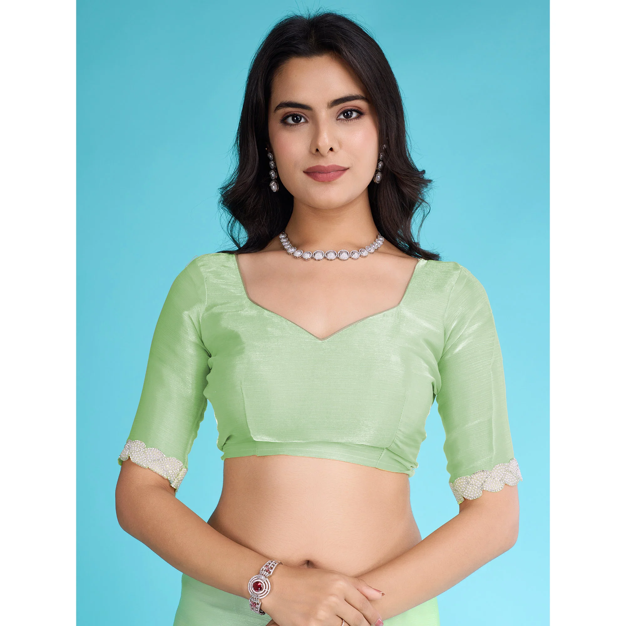 Green Solid With Zarkan & Ceramic Pearl Diamond Lace Tissue Saree - Image 8