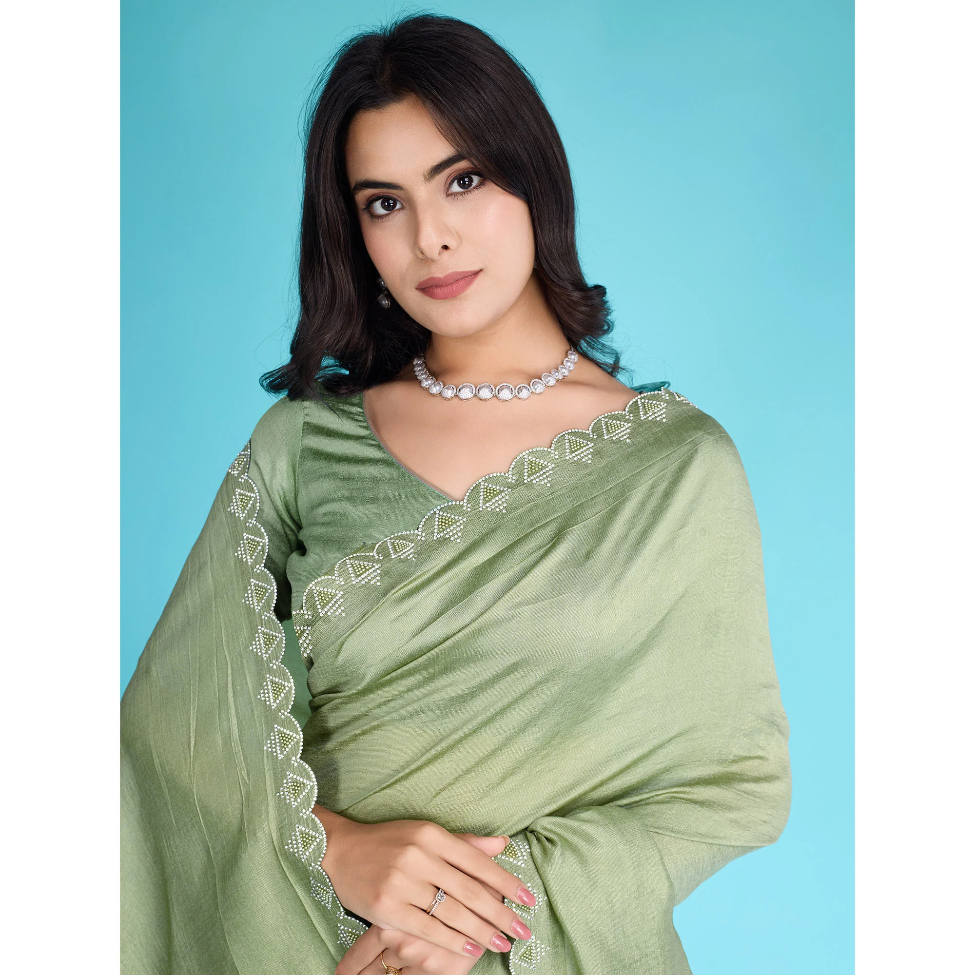 Green Solid With Zarkan & Pearl Diamond Lace Khadi Shimmer Saree - Image 7