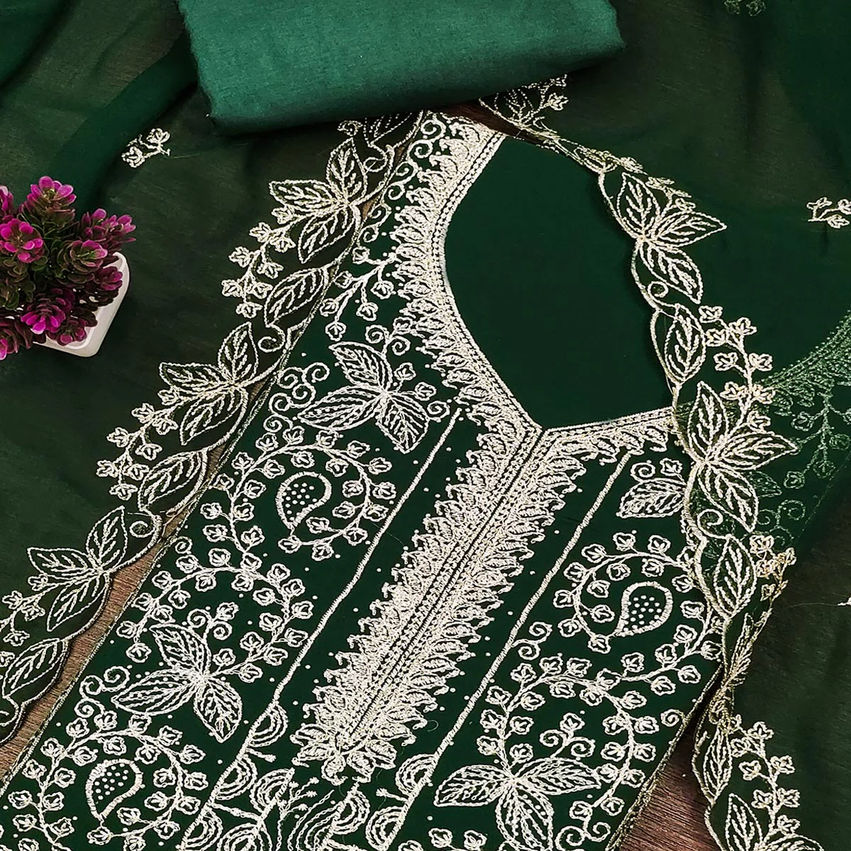 Green Star Georgette Unstitched Dress Material with Intricate Embroidery Work - Image 2