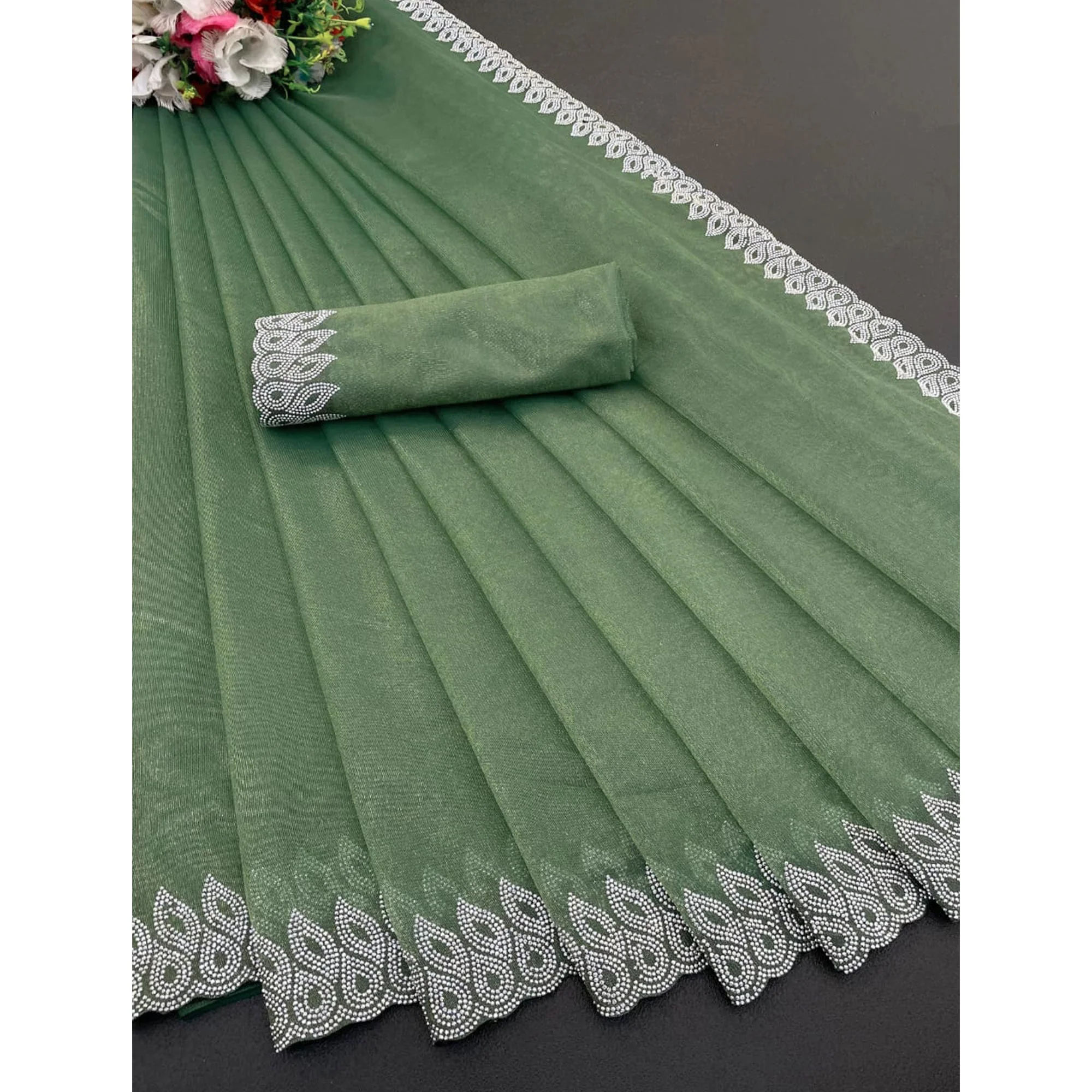 Green Stone Work Embroidered Twill Gold Net Saree - Image 3