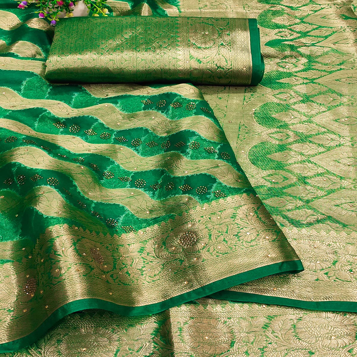 Green Stone Work Woven Organza Jacquard Saree - Image 2