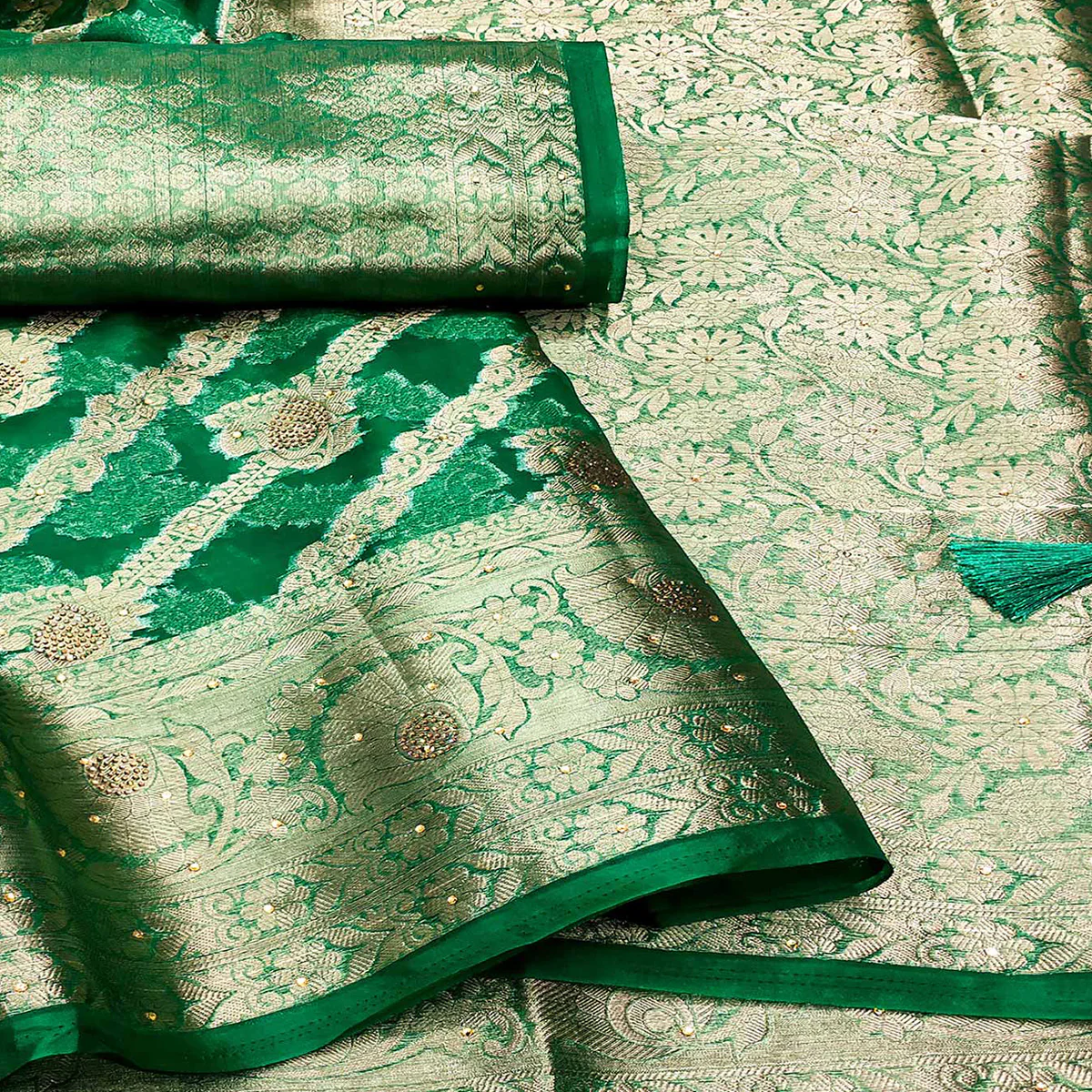 Green Stone Work Woven Organza Jacquard Saree - Image 2