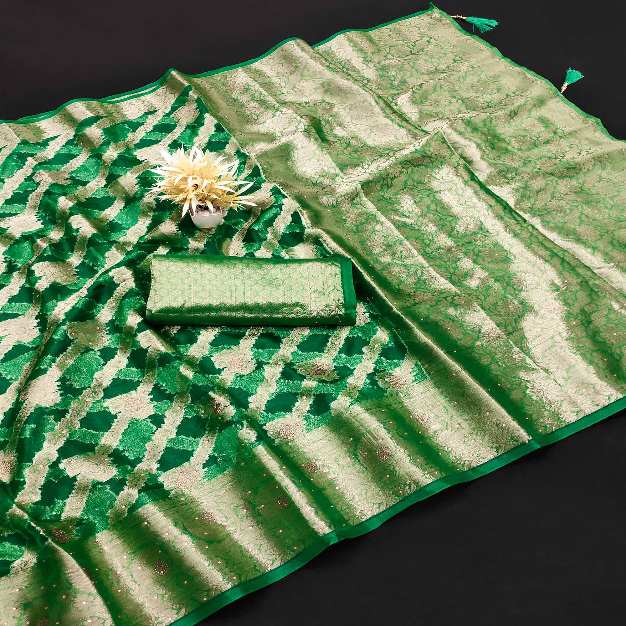 Green Stone Work Woven Organza Jacquard Saree - Image 3