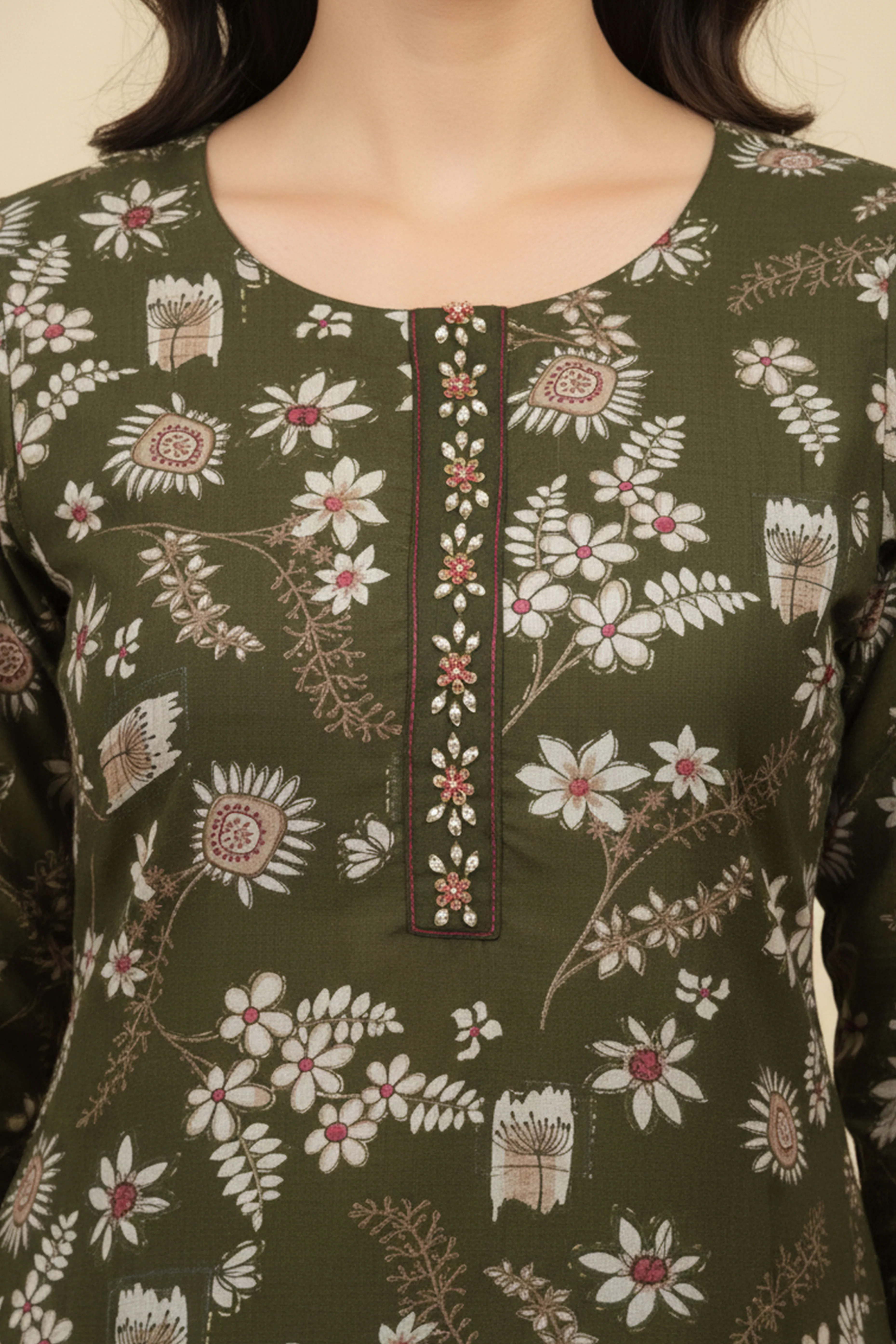 Green Straight Cut Viscose Salwar Suit with Charming Floral Patterns - Image 2