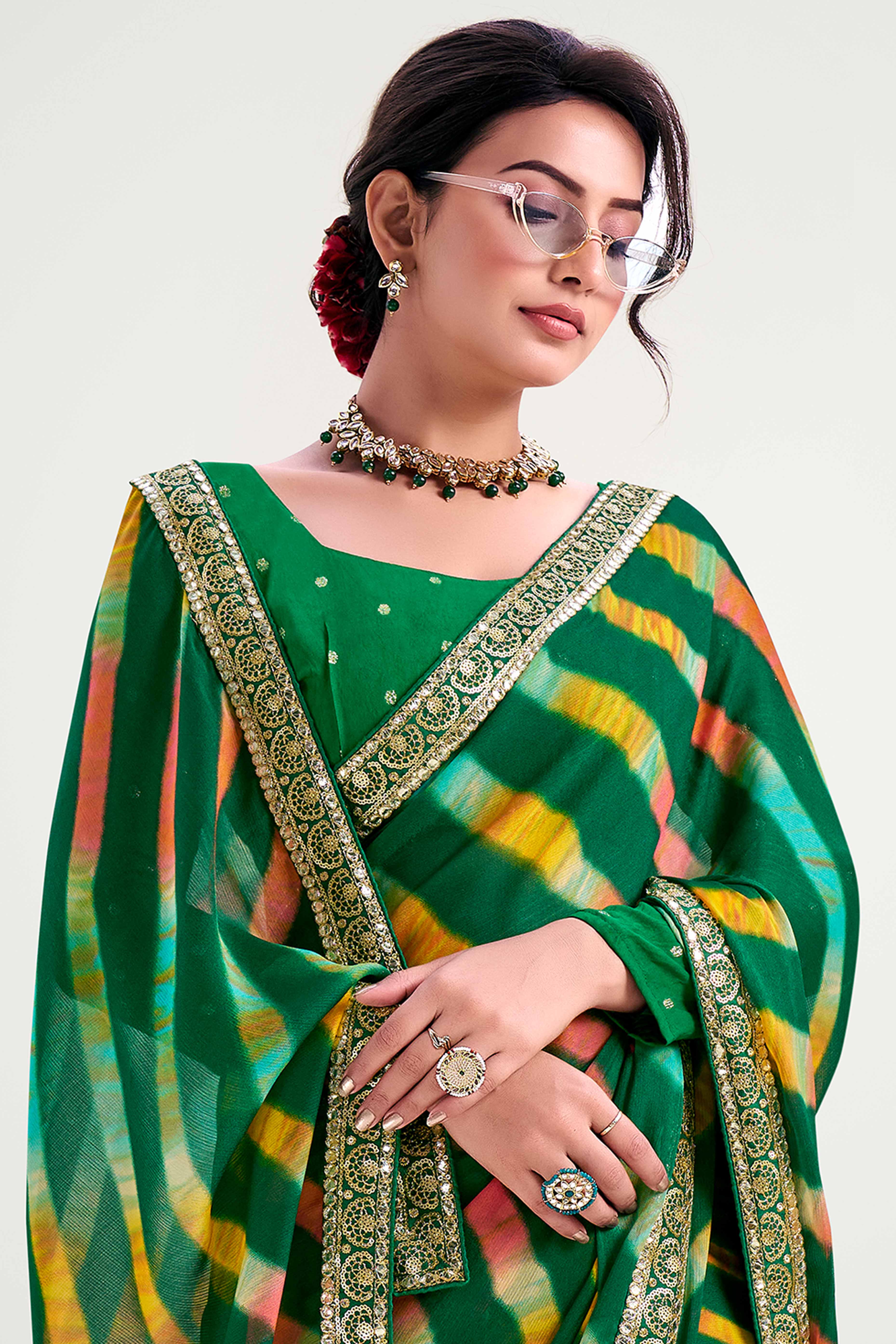 Green Striped Printed Chiffon Saree Enhanced With Sparkling Sequins Embroidered Border Work - Image 3