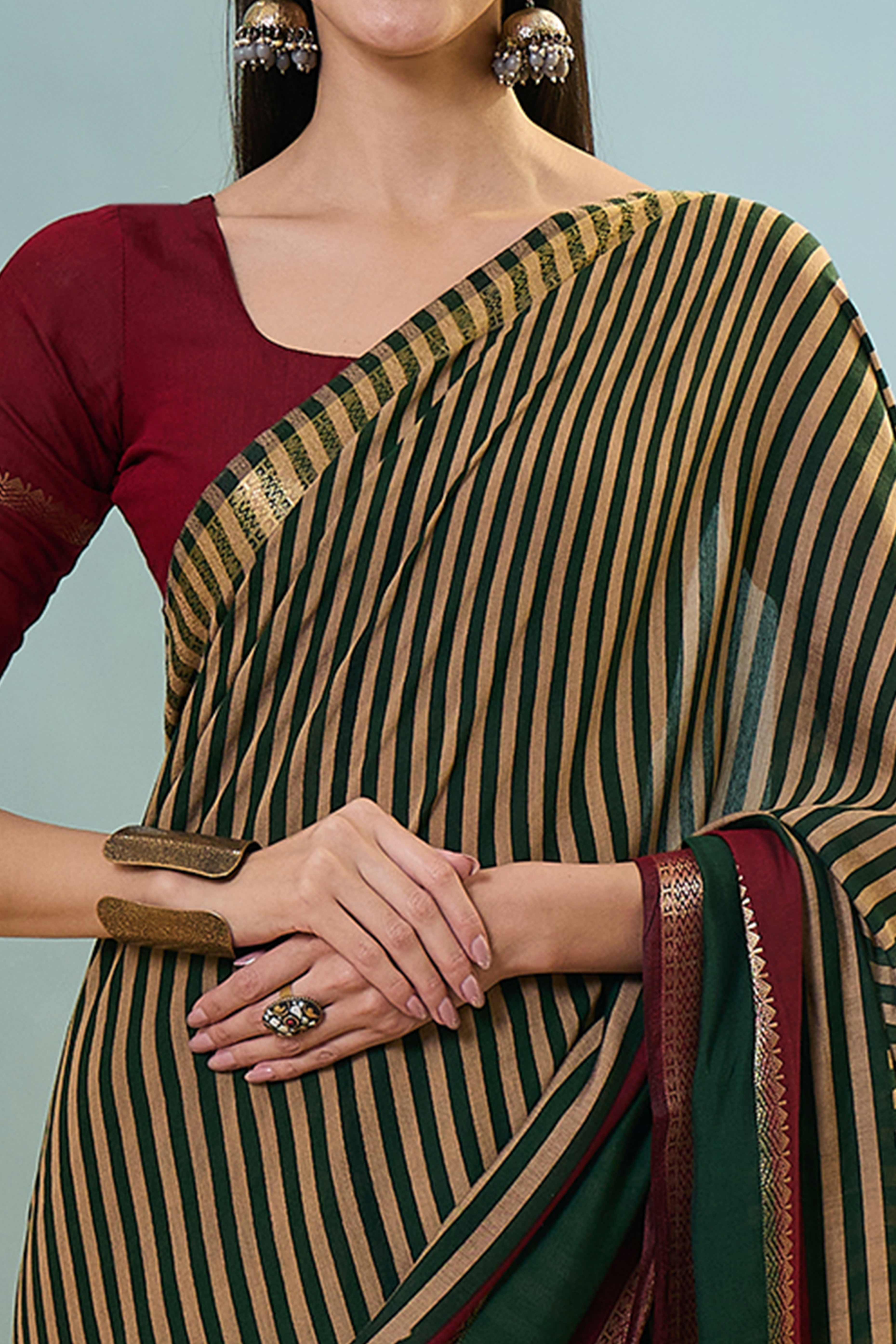 Green Striped Printed Viscose Saree with a Subtle Zari Finish - Image 2