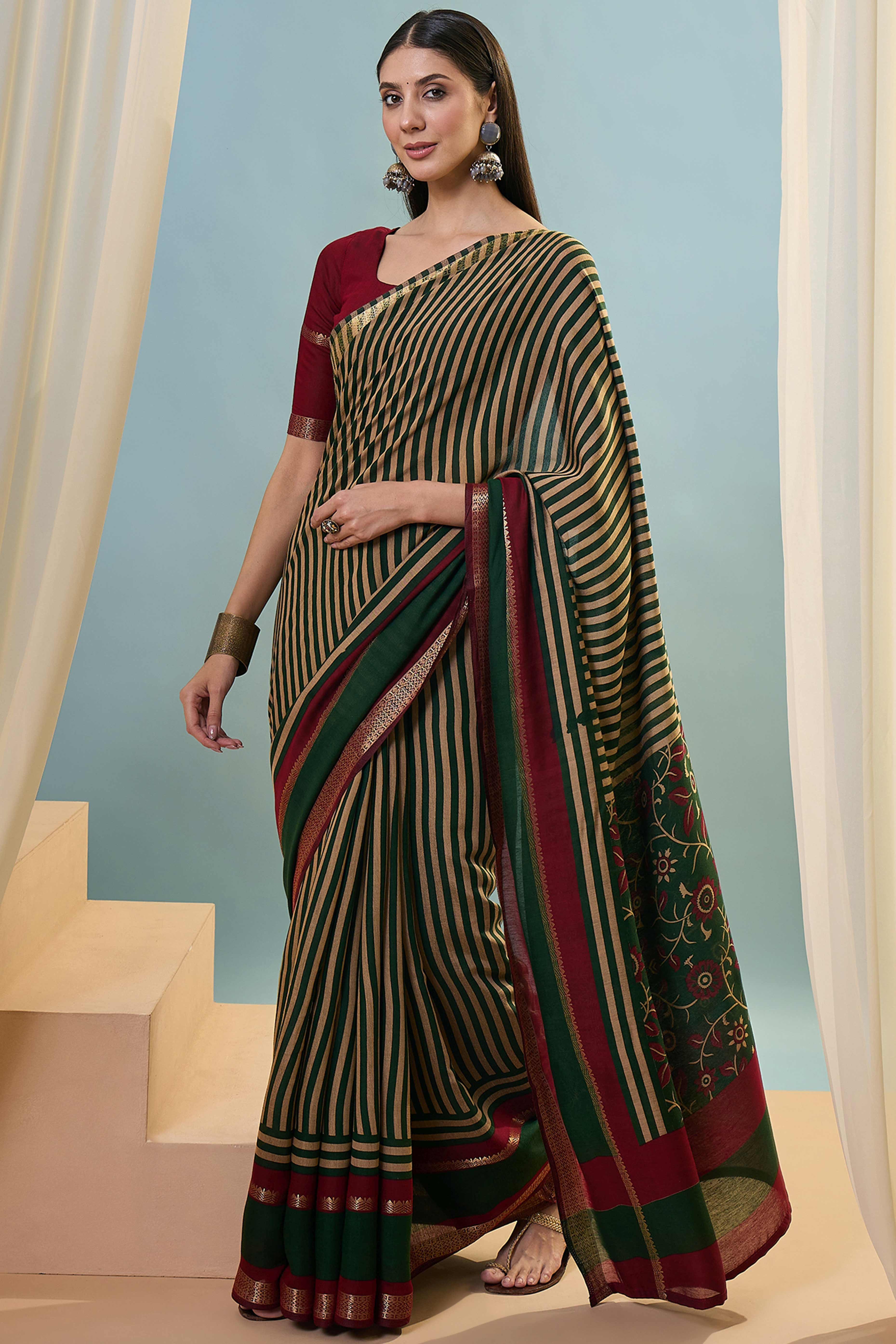 Green Striped Printed Viscose Saree with a Subtle Zari Finish - Image 3