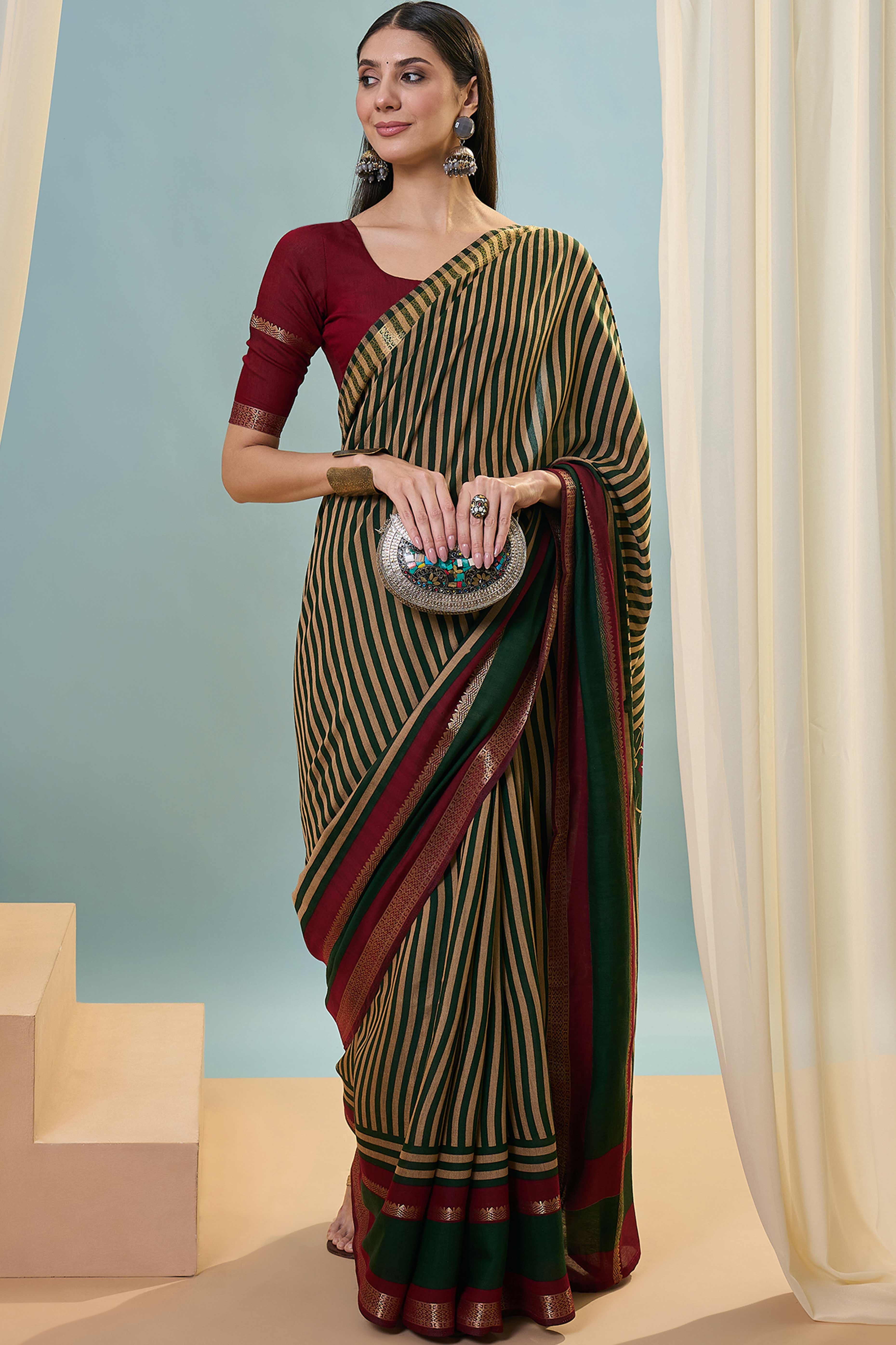 Green Striped Printed Viscose Saree with a Subtle Zari Finish - Image 4