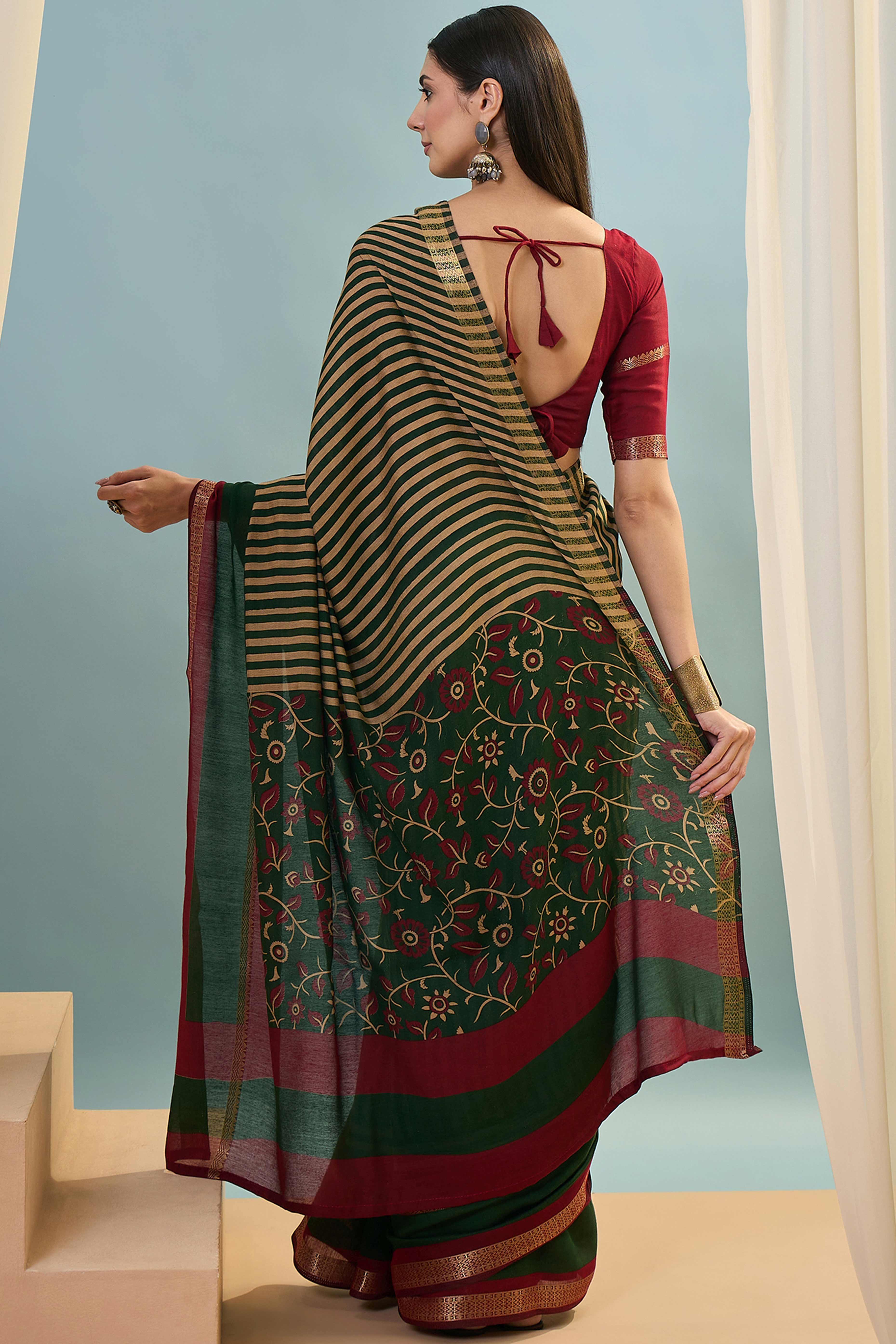 Green Striped Printed Viscose Saree with a Subtle Zari Finish - Image 5