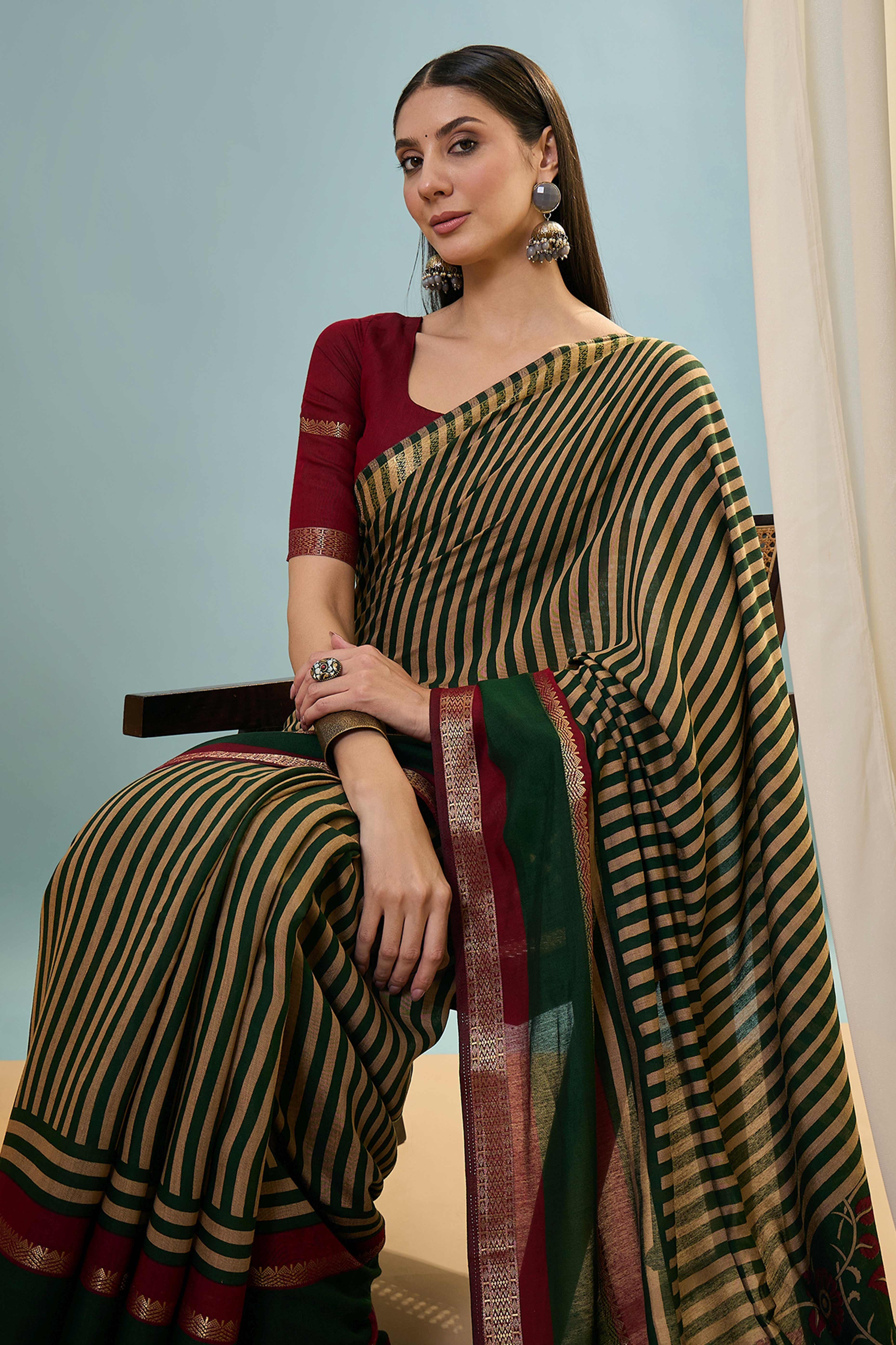 Green Striped Printed Viscose Saree with a Subtle Zari Finish - Image 6