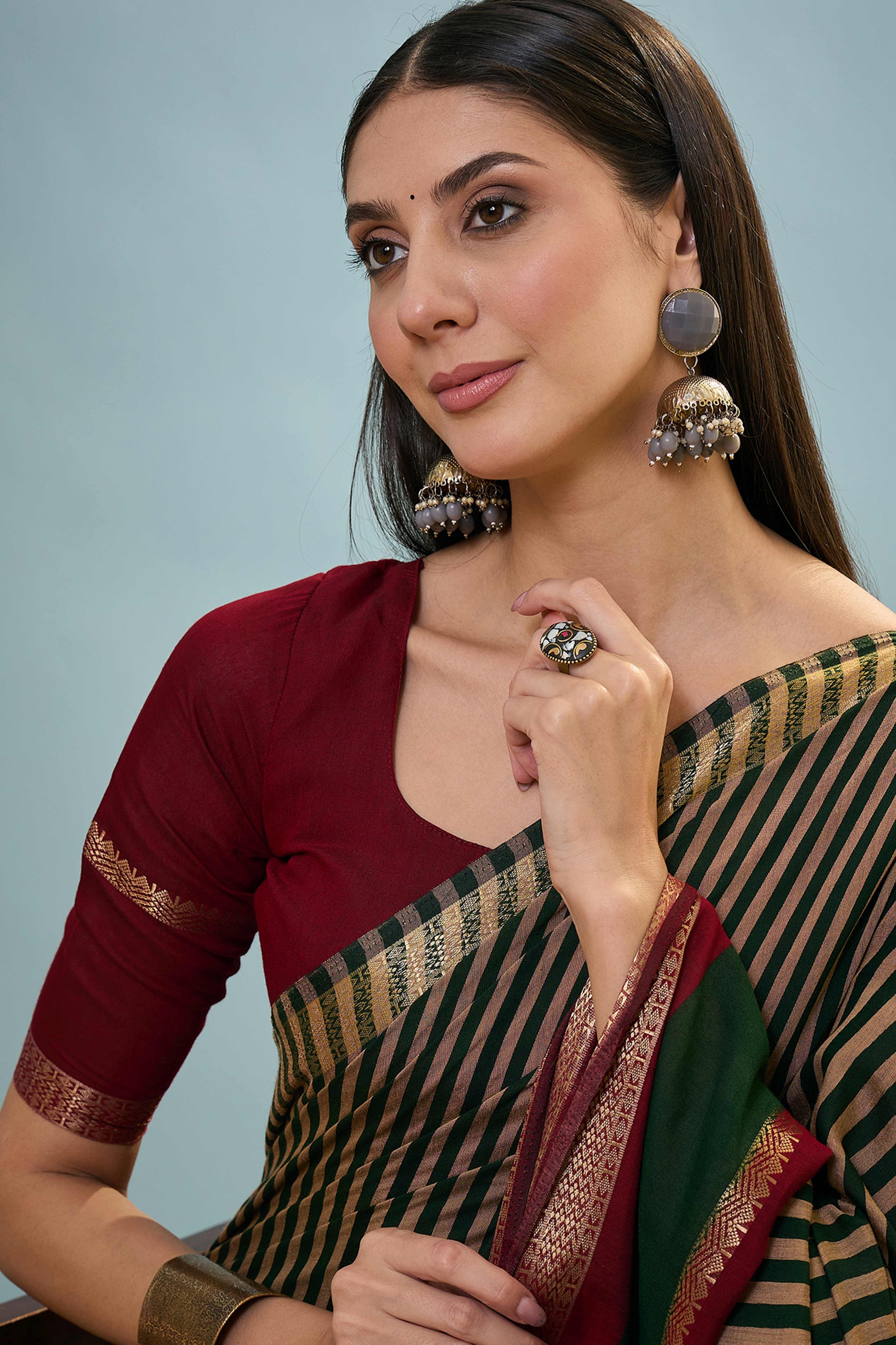 Green Striped Printed Viscose Saree with a Subtle Zari Finish - Image 7