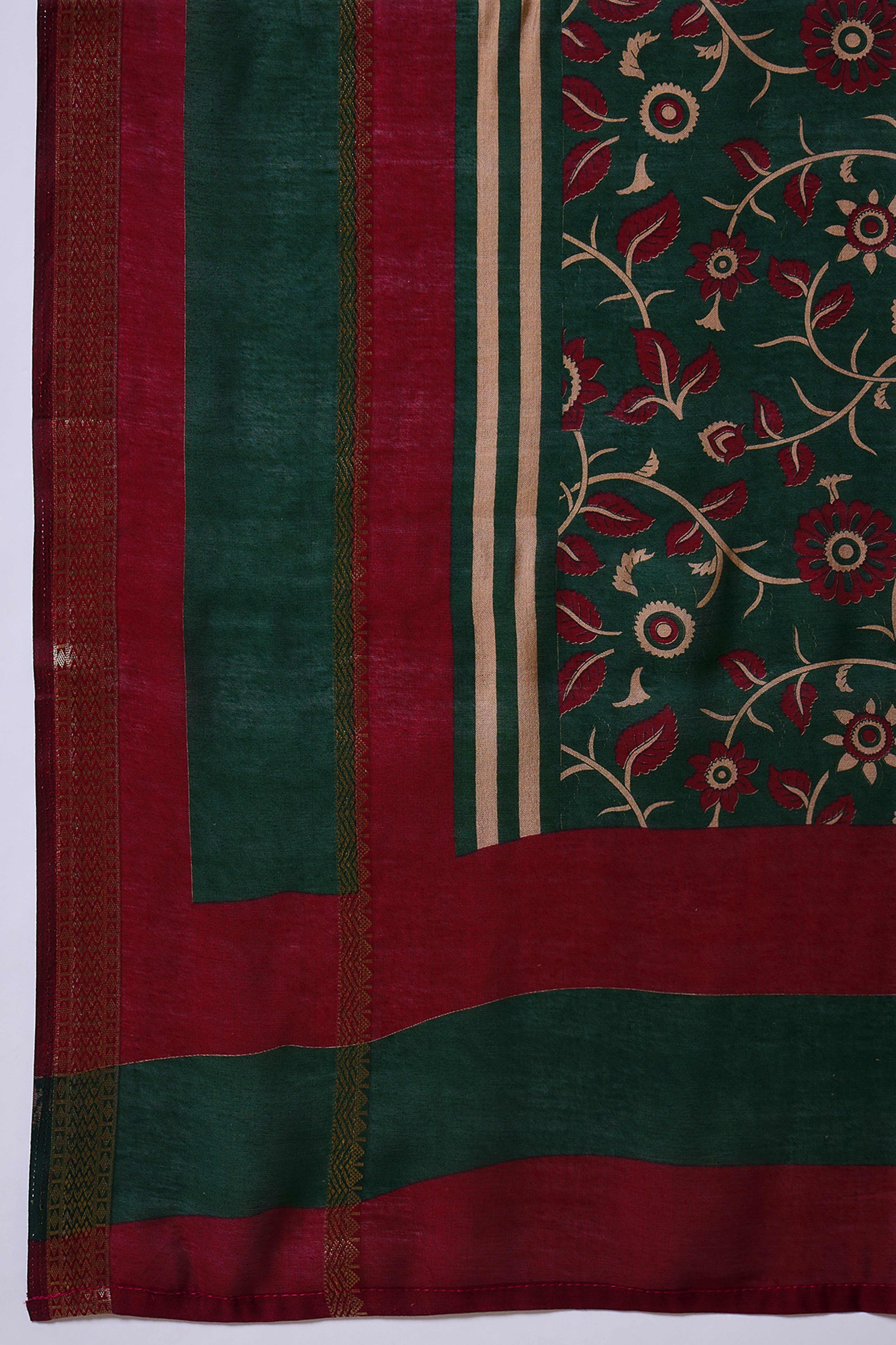 Green Striped Printed Viscose Saree with a Subtle Zari Finish - Image 9