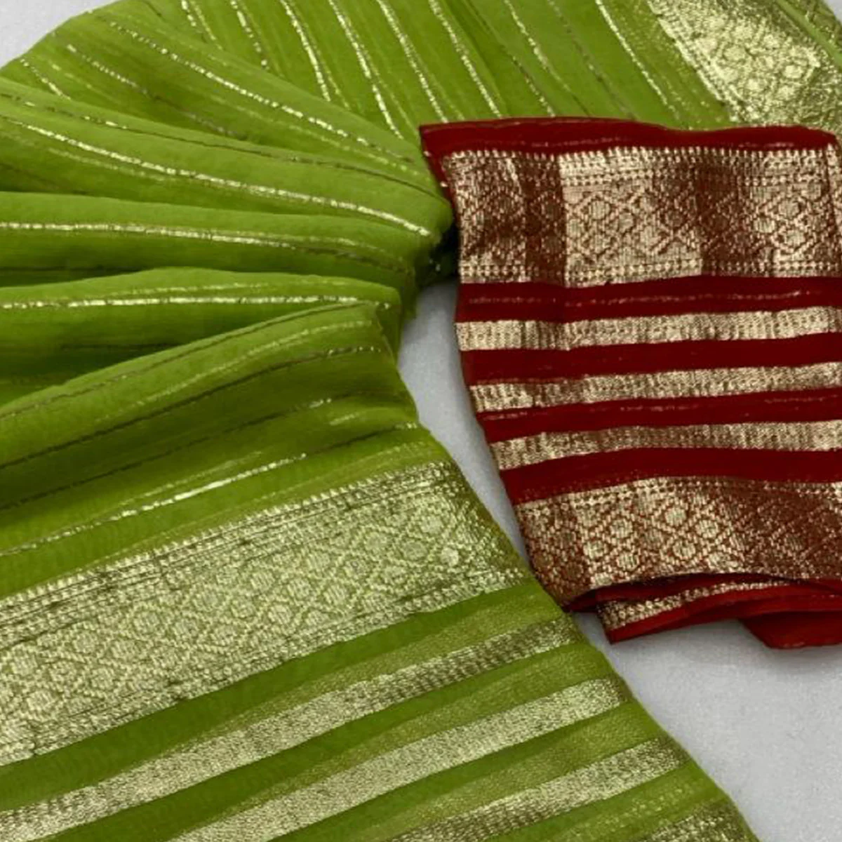 Green Striped Zari Woven Viscose Saree - Image 2