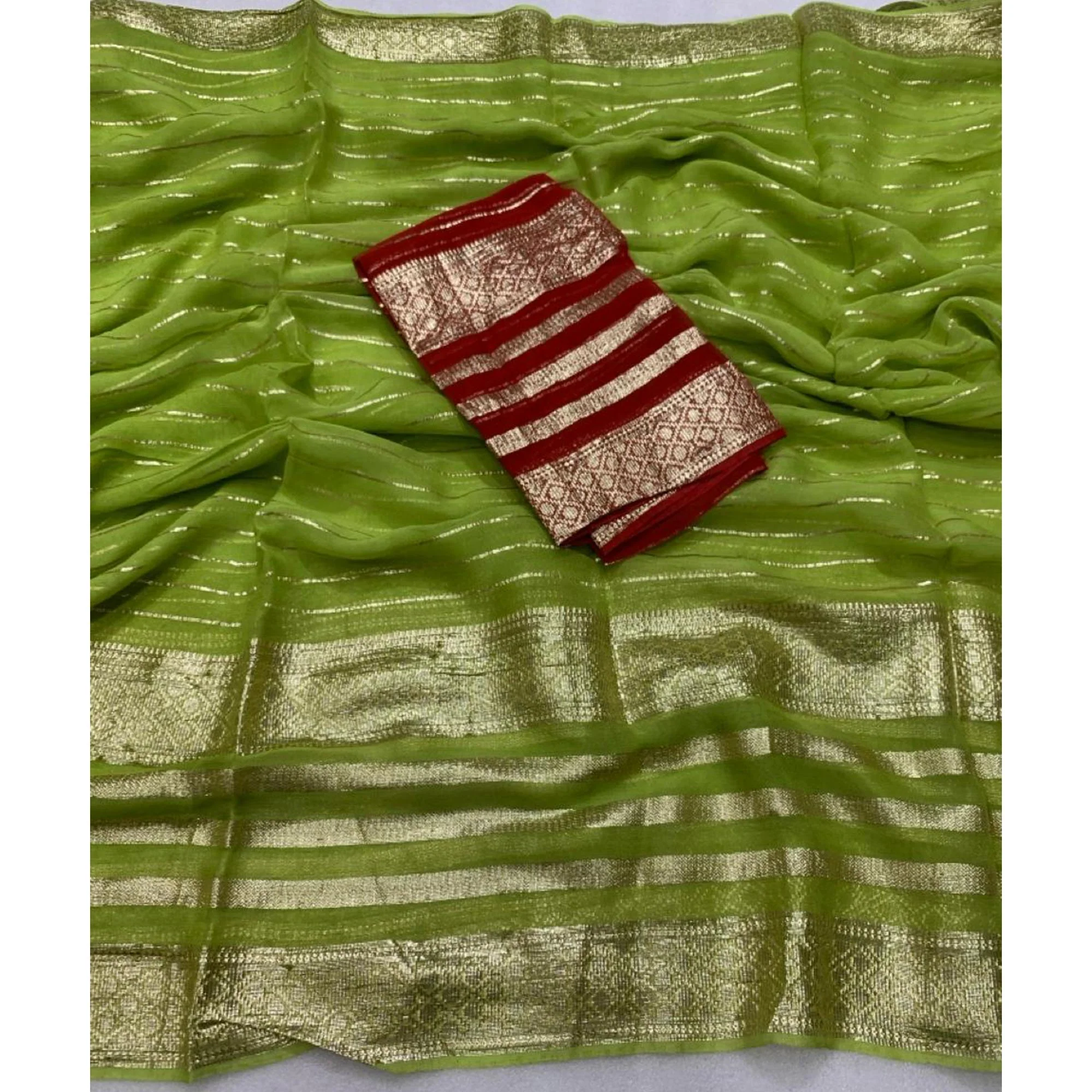 Green Striped Zari Woven Viscose Saree - Image 3
