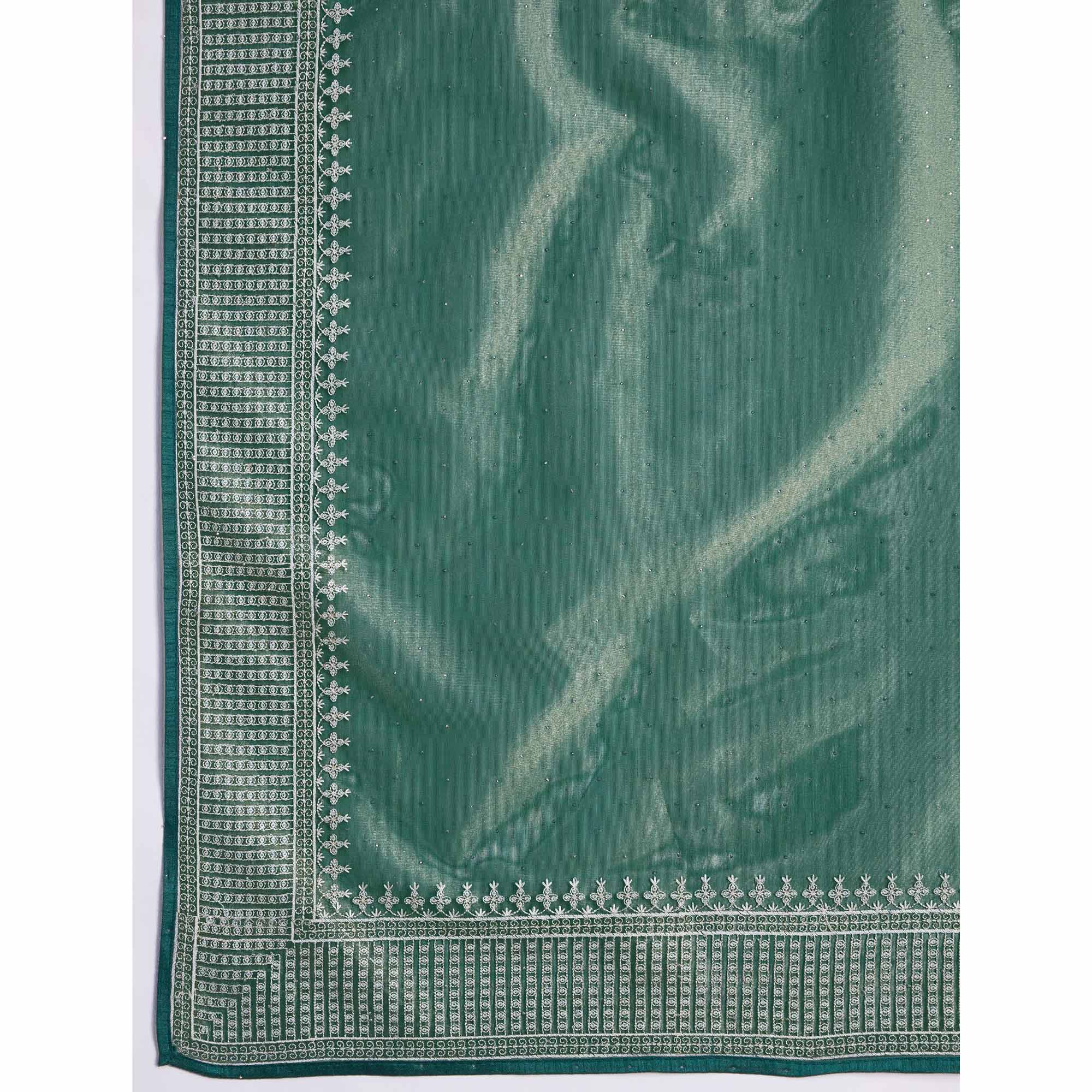 Green Swarovski Work Embroidered Net Saree - Image 10