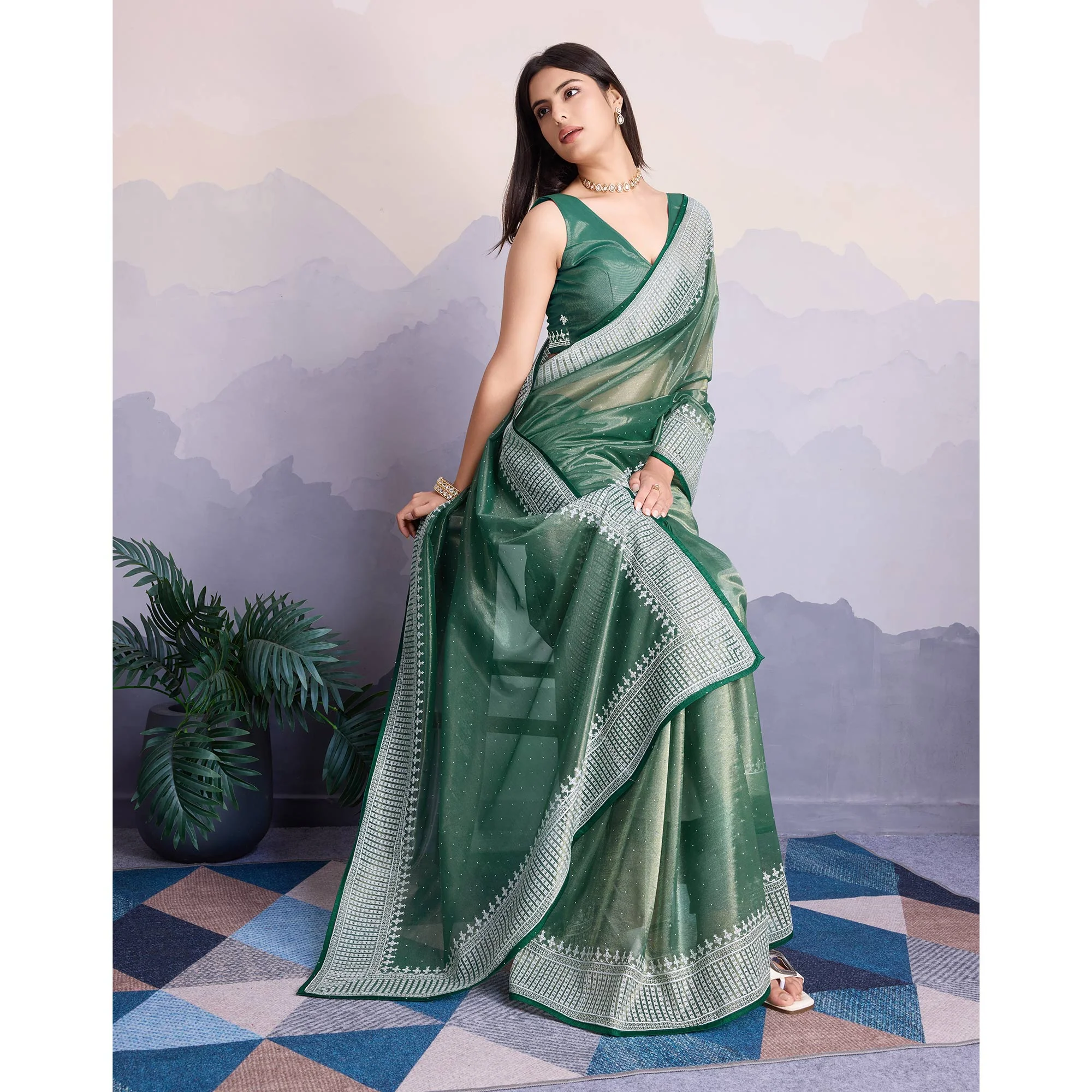 Green Swarovski Work Embroidered Net Saree - Image 4