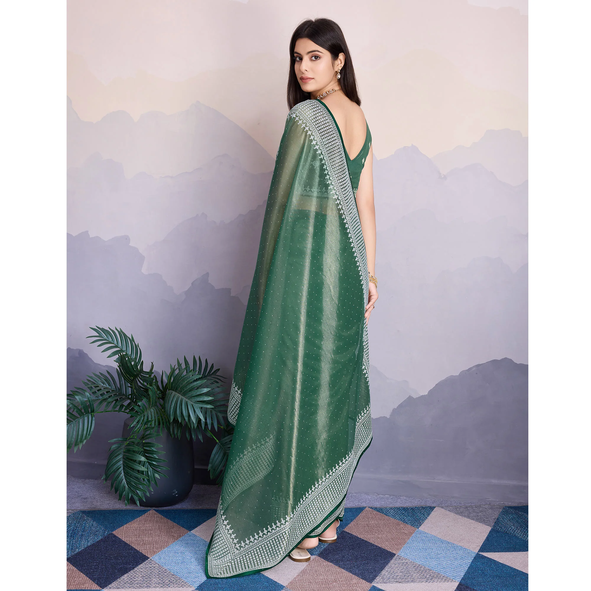 Green Swarovski Work Embroidered Net Saree - Image 5