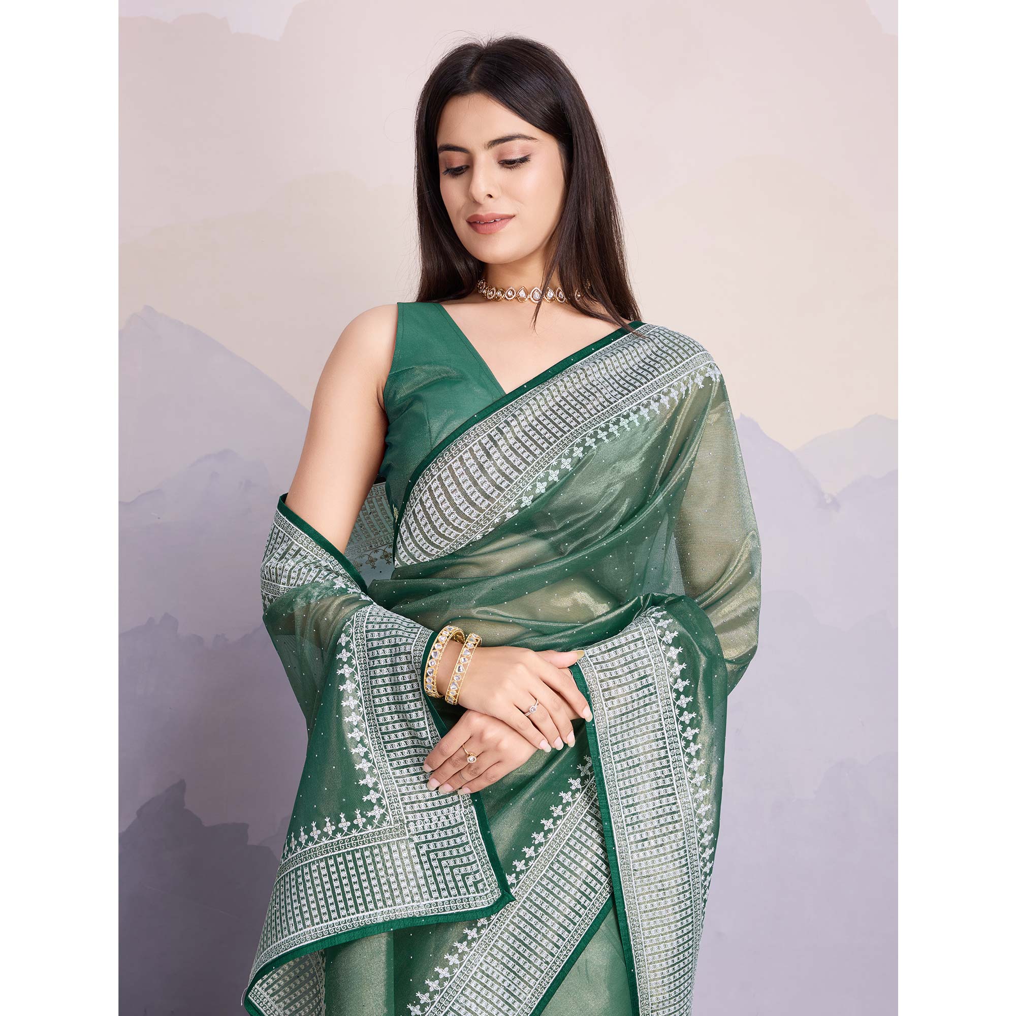 Green Swarovski Work Embroidered Net Saree - Image 6