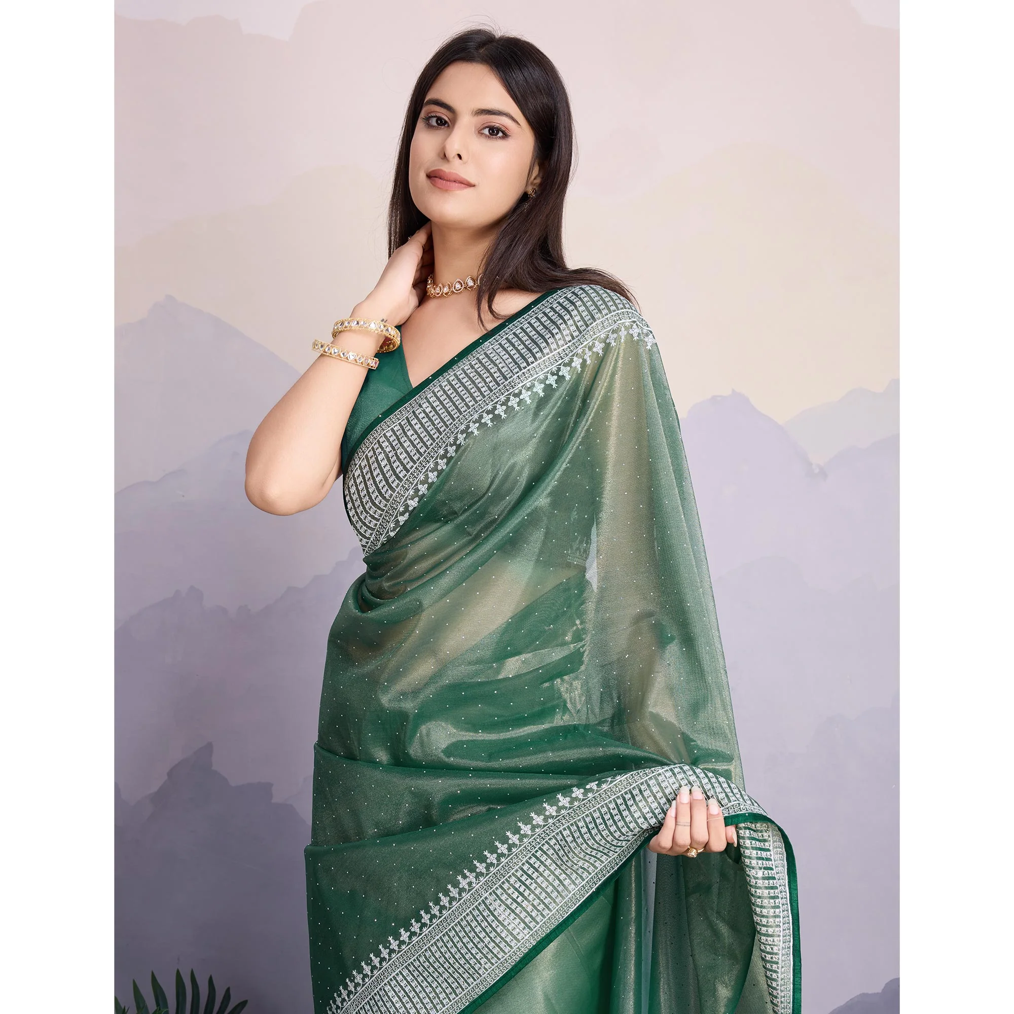Green Swarovski Work Embroidered Net Saree - Image 7