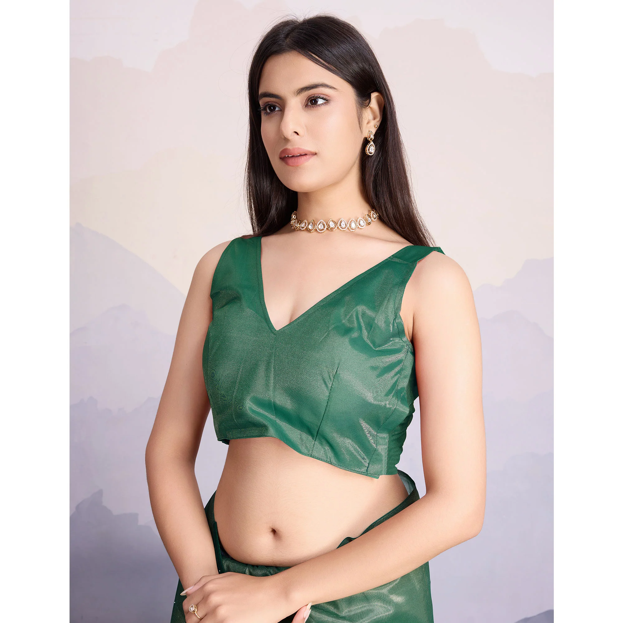 Green Swarovski Work Embroidered Net Saree - Image 8