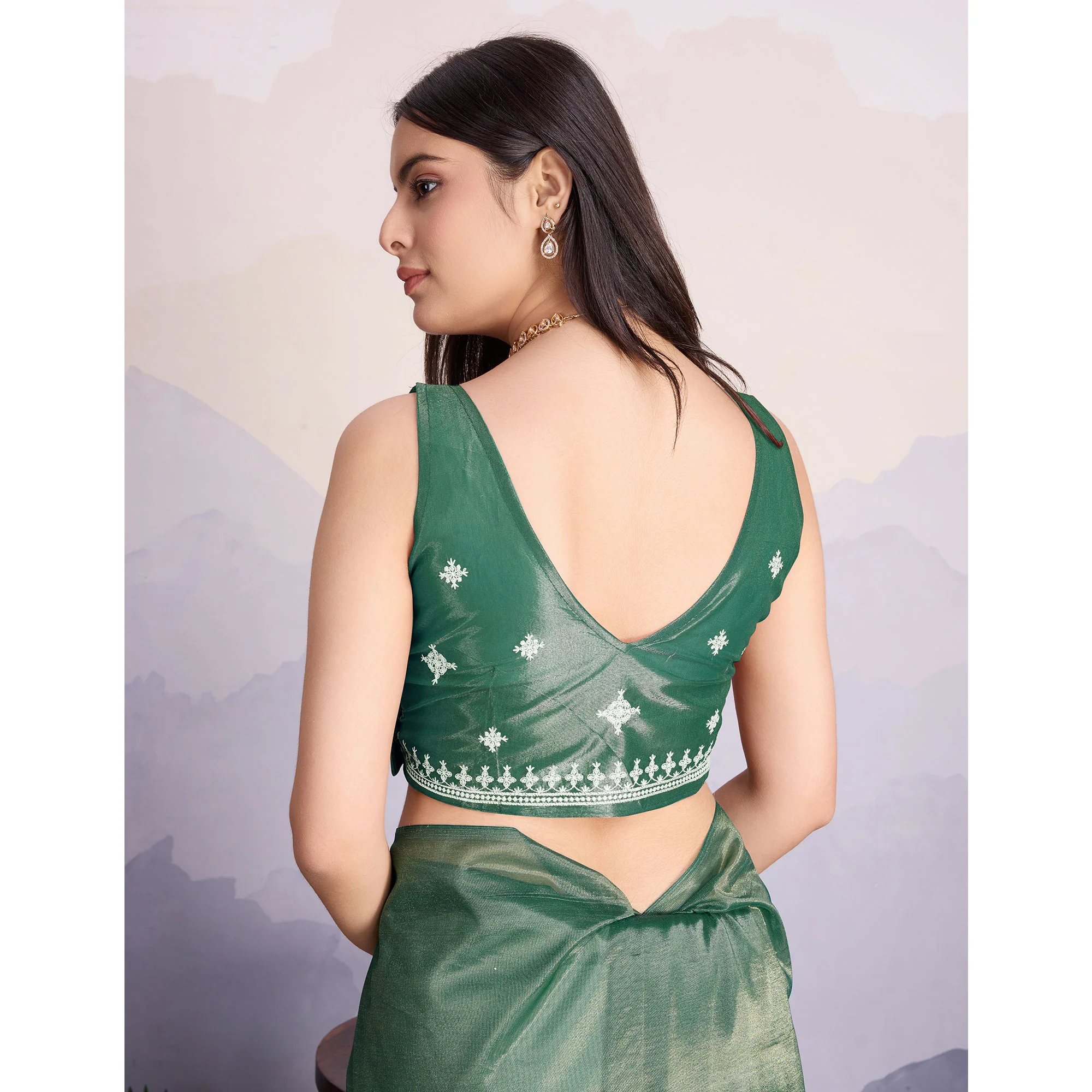 Green Swarovski Work Embroidered Net Saree - Image 9
