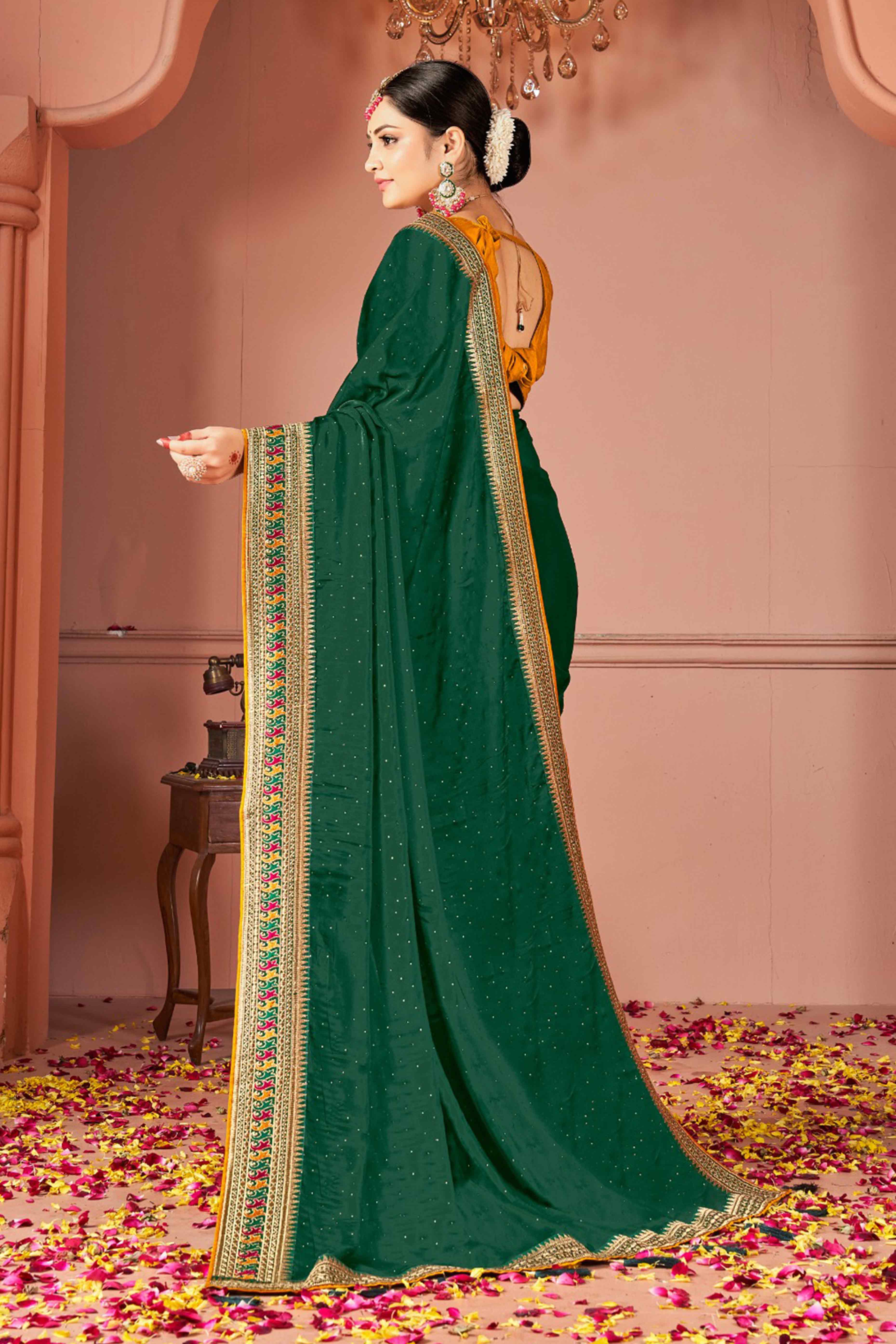 Green Swarovski Work Satin Rangoli Saree With Embroidered Border - Image 4