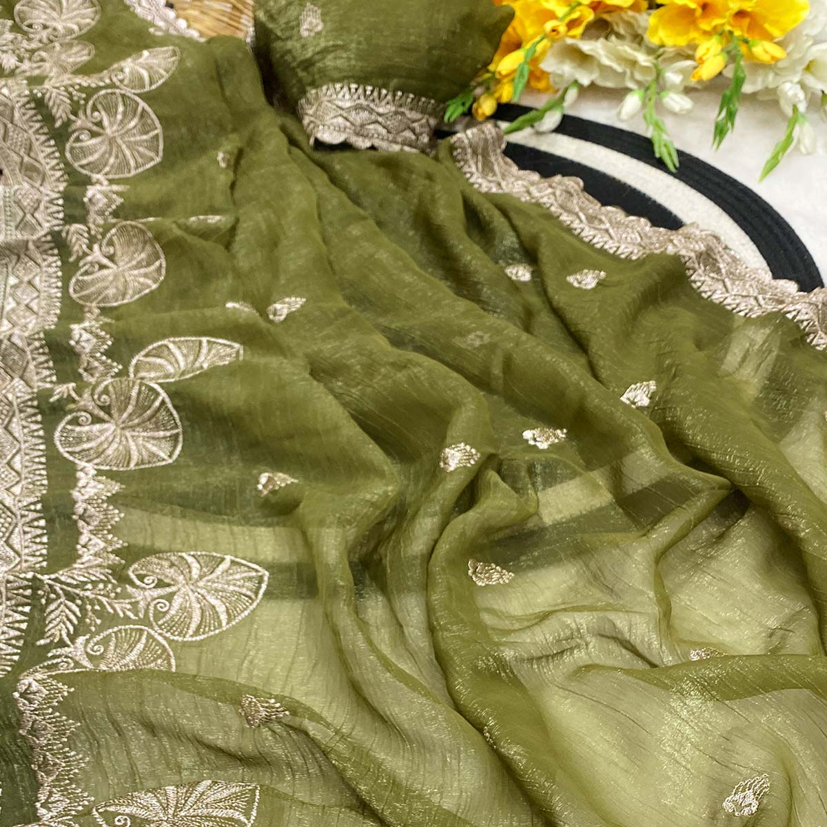 Green Thread Work Chiffon Silk Saree Premium Crunchy Texture Festive Wear - Image 2