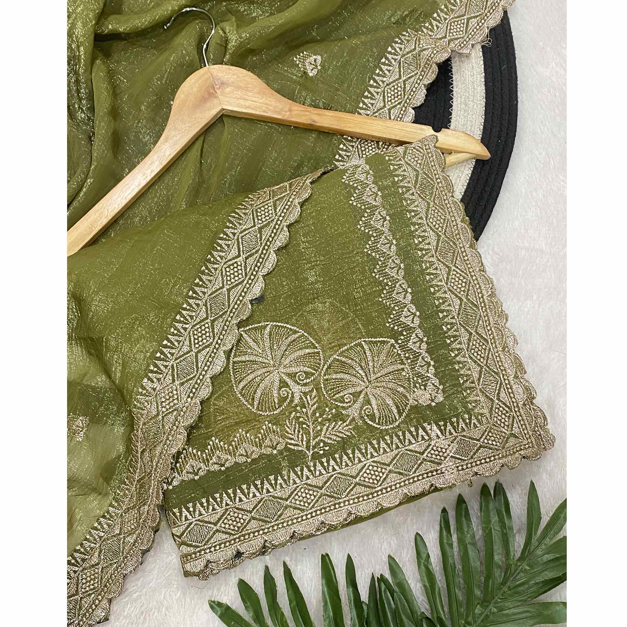 Green Thread Work Chiffon Silk Saree Premium Crunchy Texture Festive Wear - Image 3