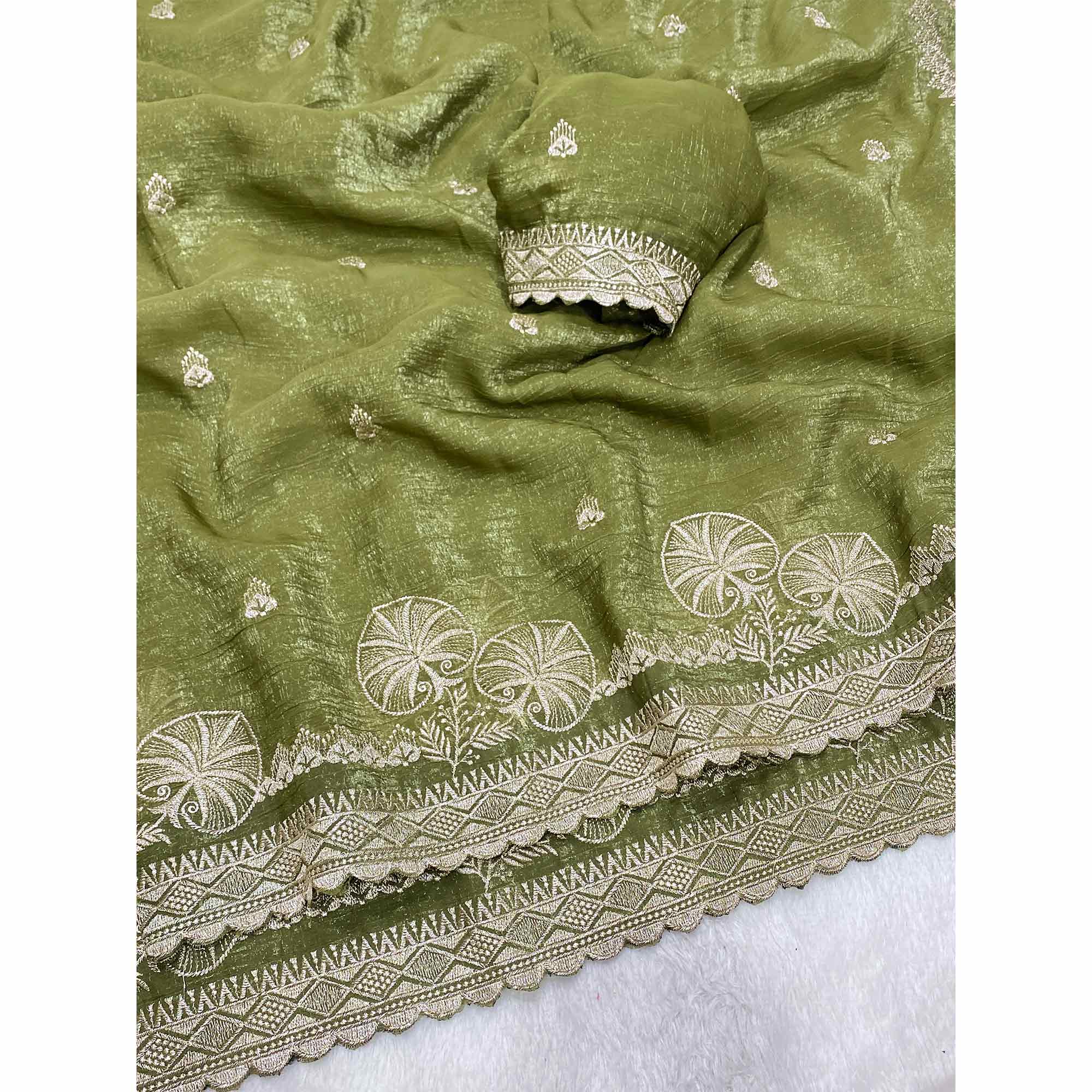 Green Thread Work Chiffon Silk Saree Premium Crunchy Texture Festive Wear - Image 4