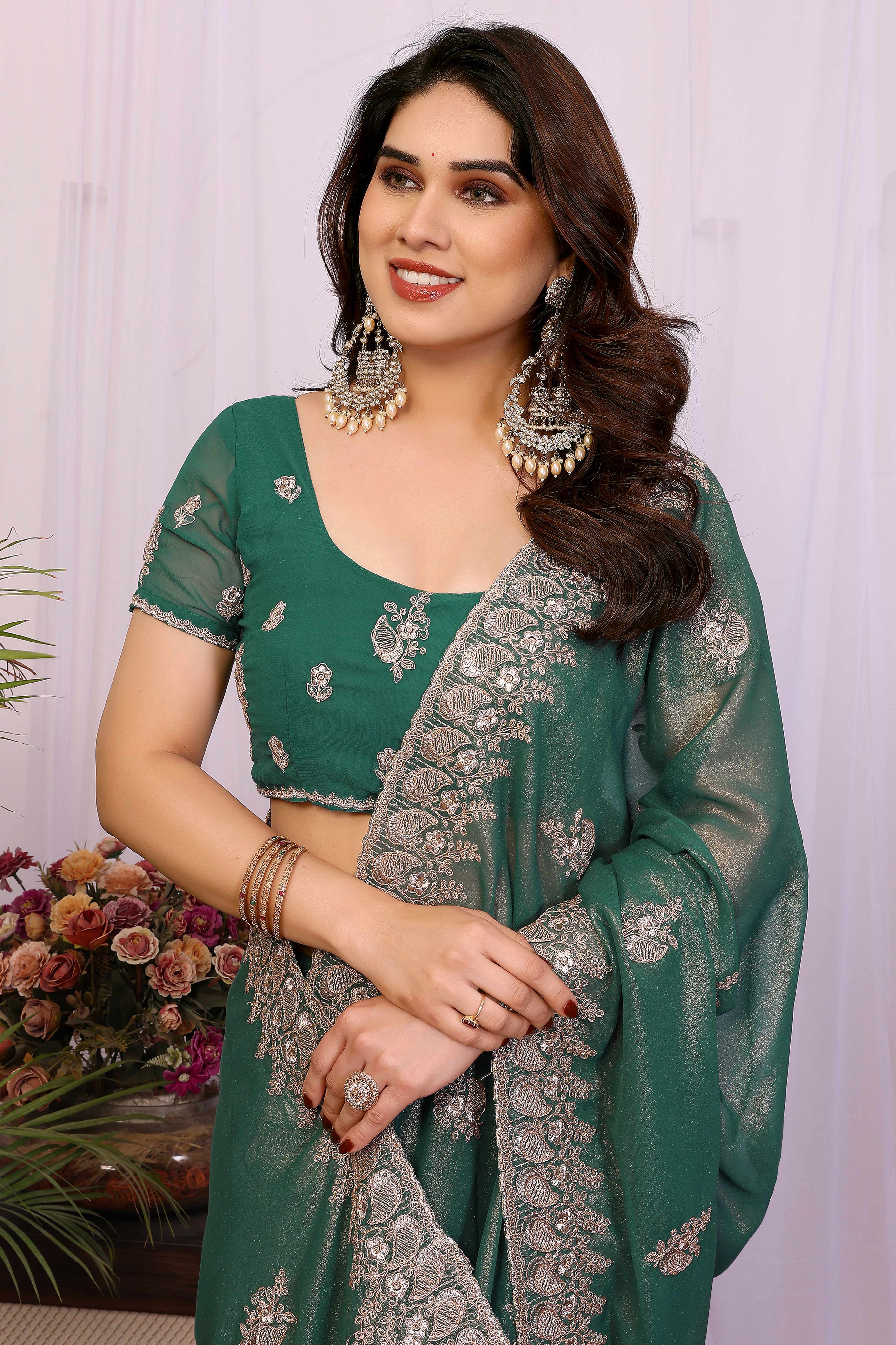 Green Thread Work Embroidered Georgette Saree Elegant Partywear with Fine Embroidery - Image 6