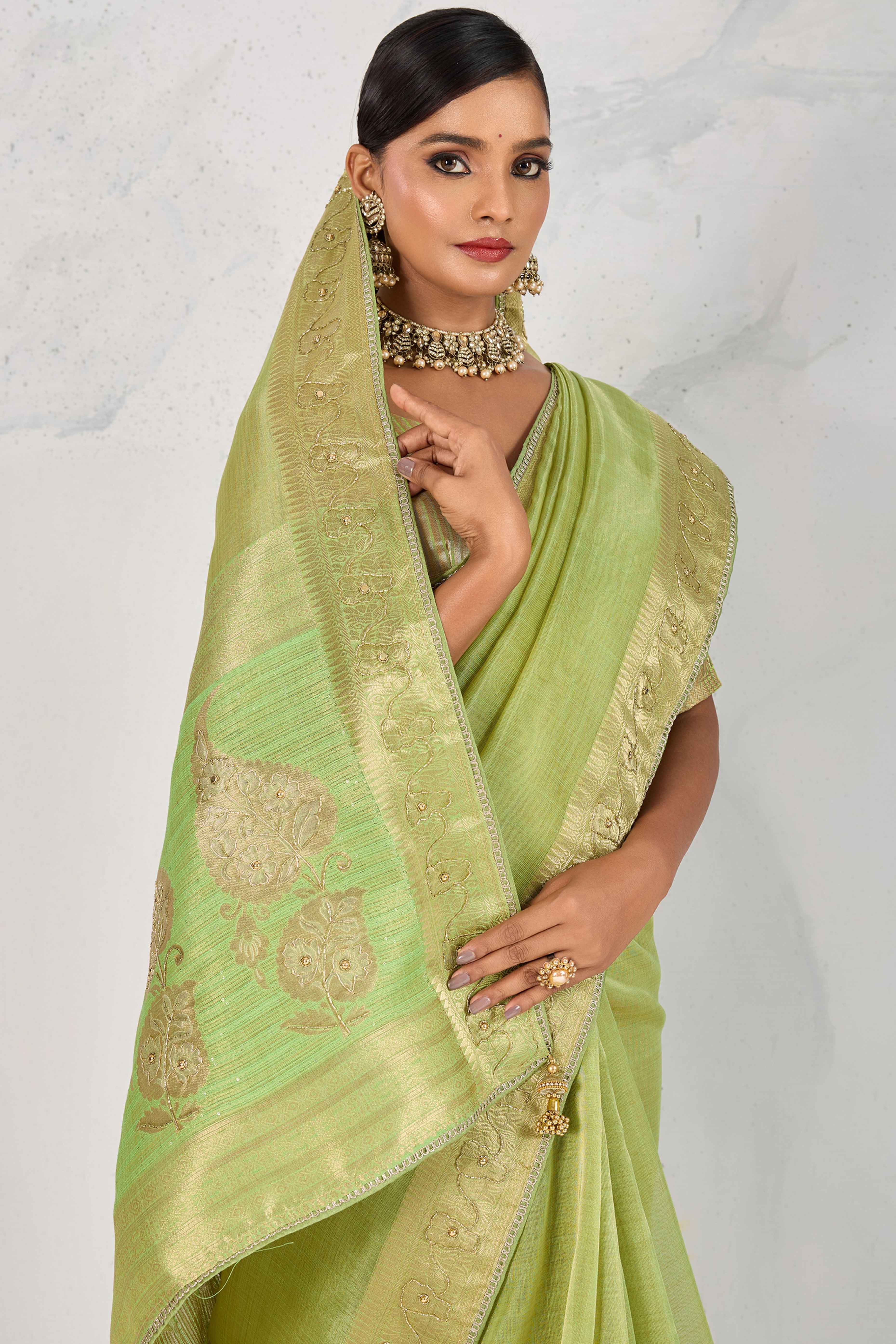 Green Tissue Linen Saree Adorned With Intricate Zardosi & Pearl Cutdana Hand Embroidery - Image 4