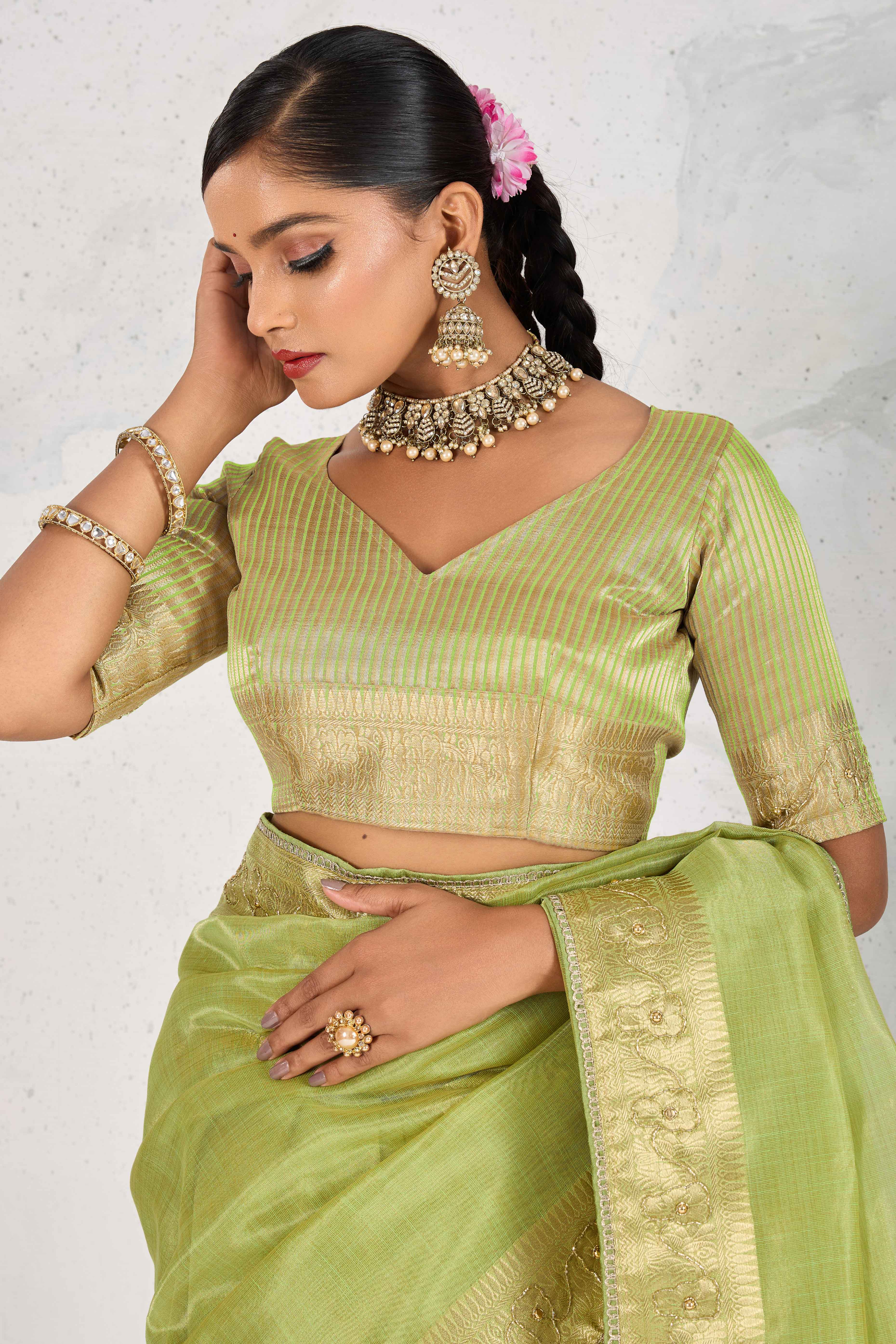 Green Tissue Linen Saree Adorned With Intricate Zardosi & Pearl Cutdana Hand Embroidery - Image 5