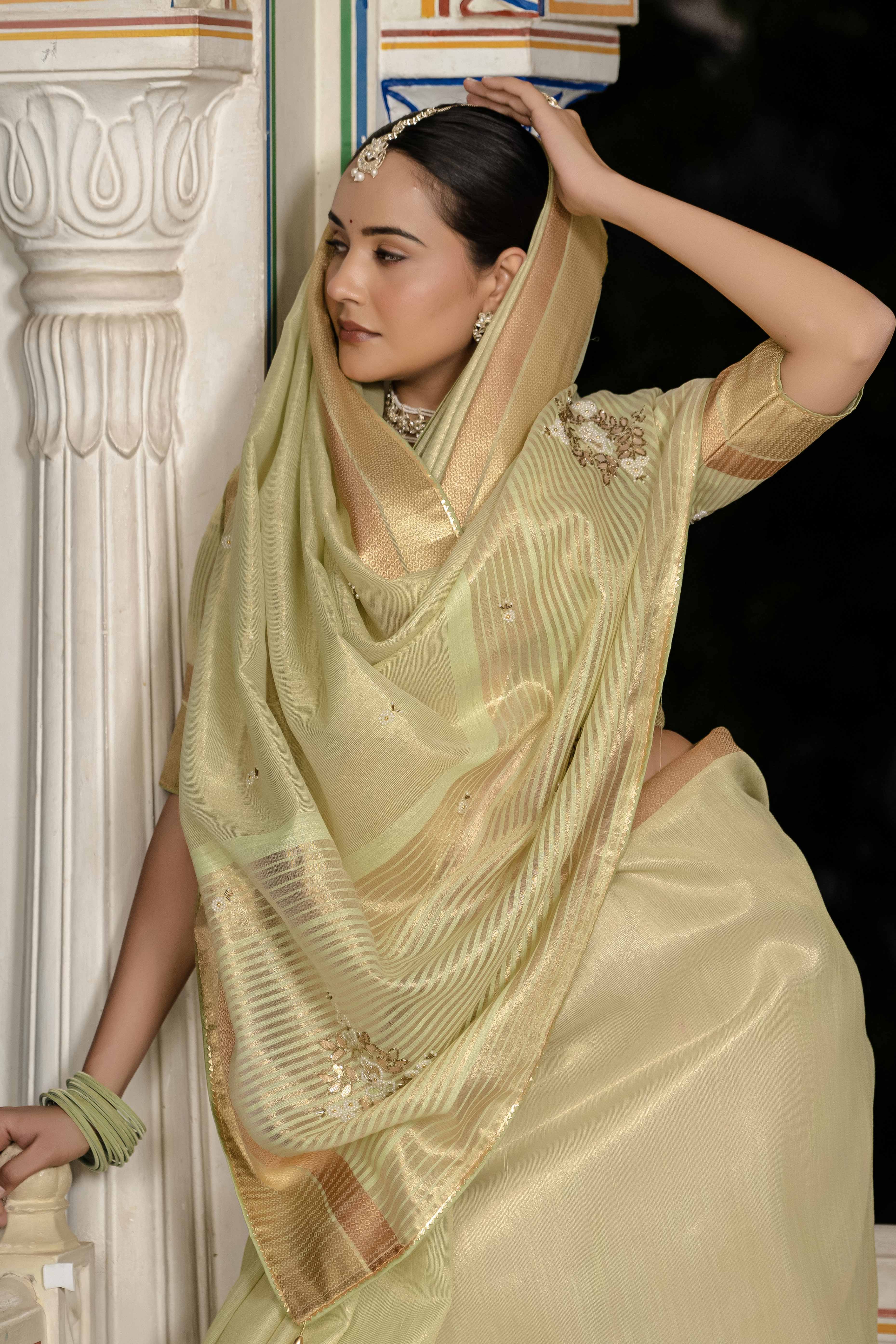 Green Tissue Linen Saree Featuring Intricate Zari and Beadwork - Image 6