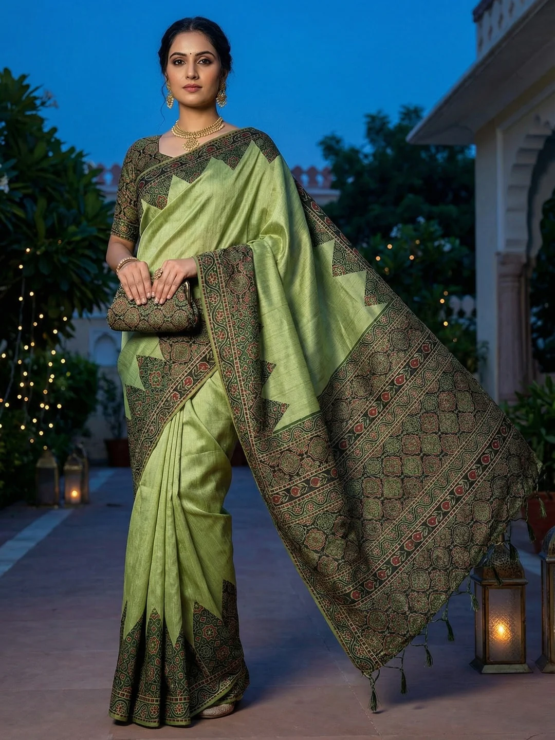 Green Traditional Ajrakh Printed Handloom Tussar Silk Saree