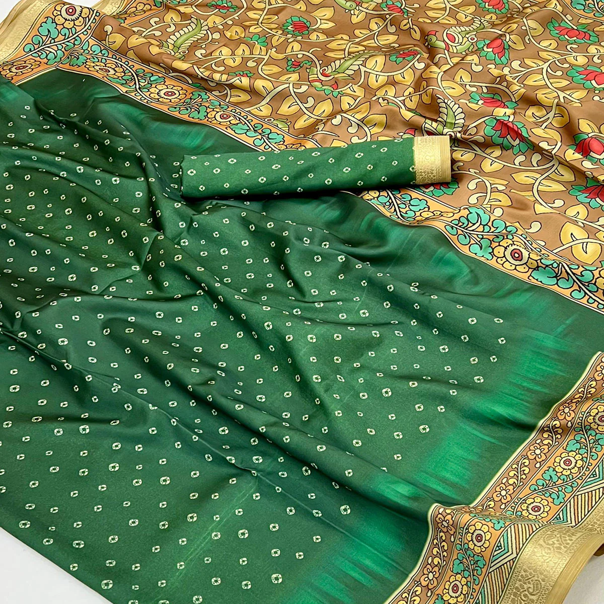 Green Traditional Bandhani & Floral Digital Printed Art Silk Saree With Peacock Motif Pallu - Image 2