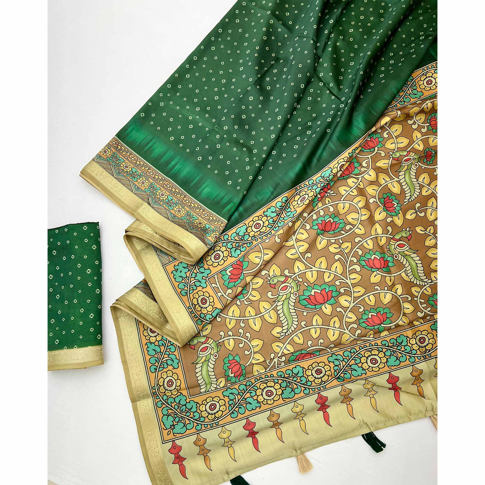 Green Traditional Bandhani & Floral Digital Printed Art Silk Saree With Peacock Motif Pallu - Image 3