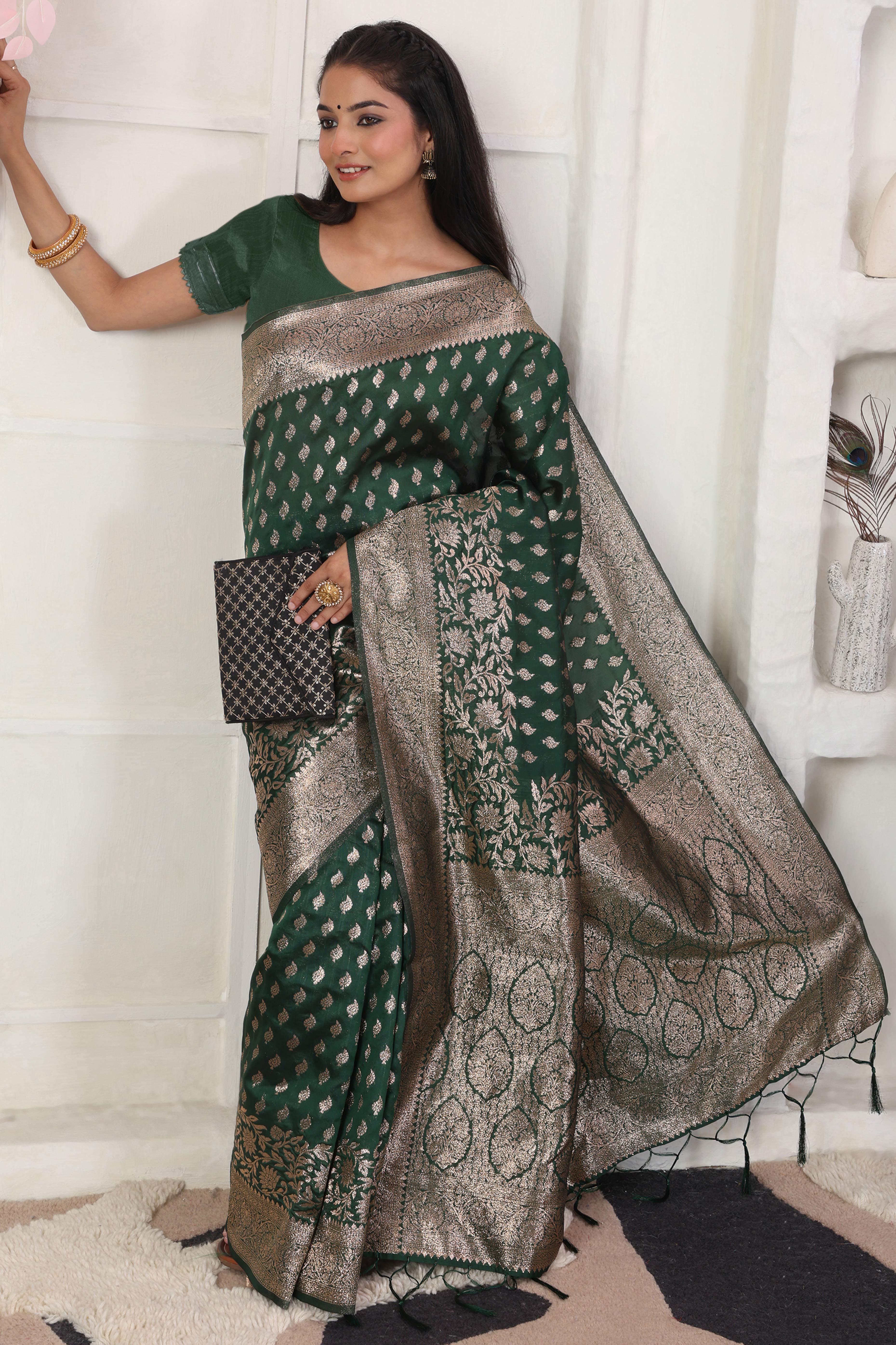 Green Traditional Lichi Silk Blend Saree Enhanced With Floral Zari Weaving & Tassel Pallu - Image 3