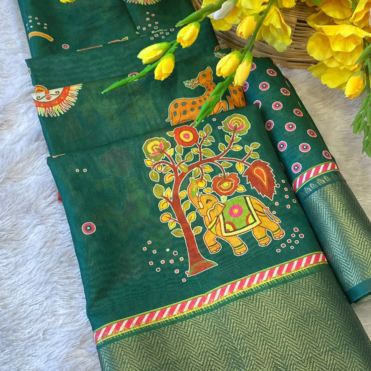 Green Traditional Printed Dola Silk Saree Accented with Rich Zari Weaving - Image 2