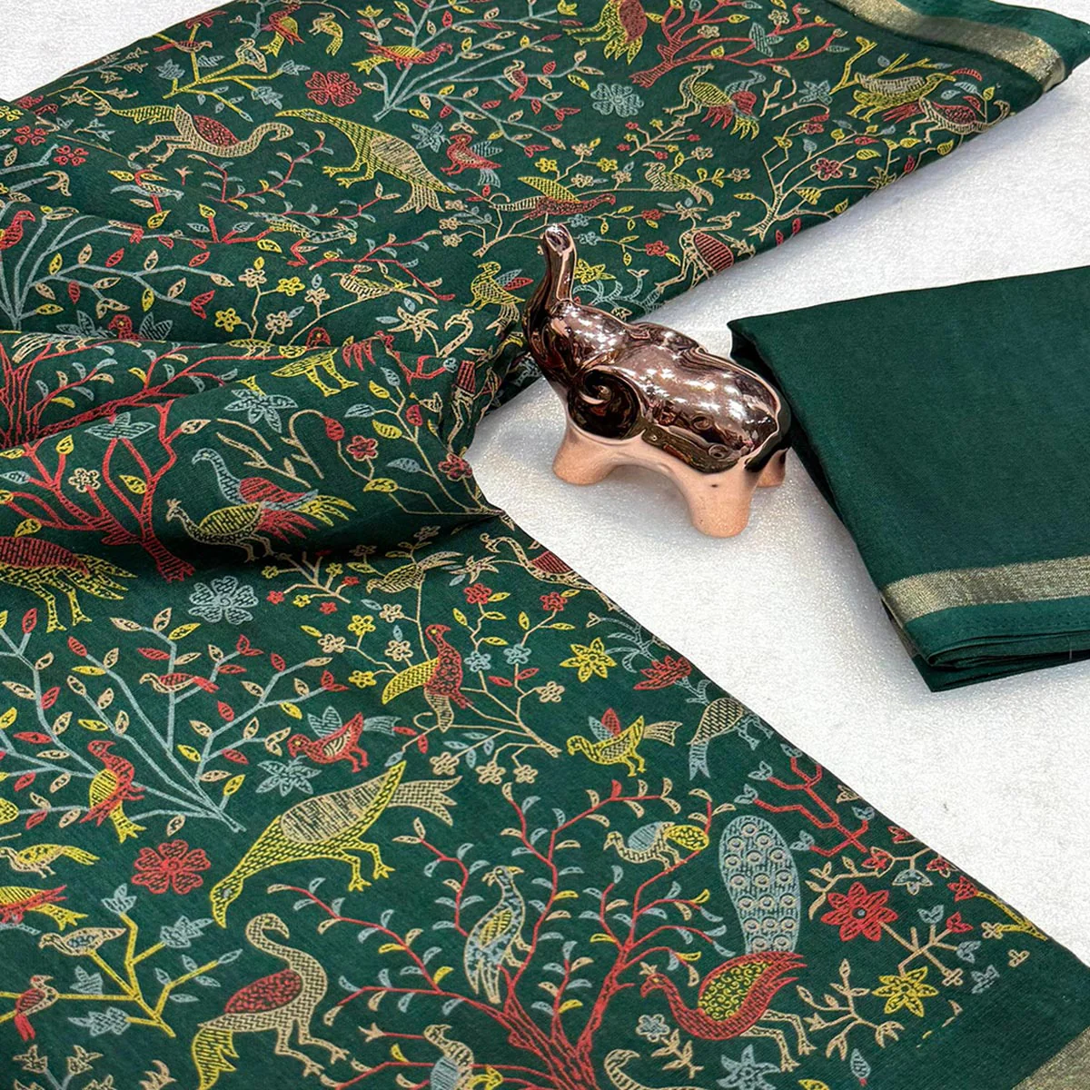 Green Tussar Silk Blend Saree with Intricate Floral & Bird Kashmiri Print & Elegant Zari Border - Image 2