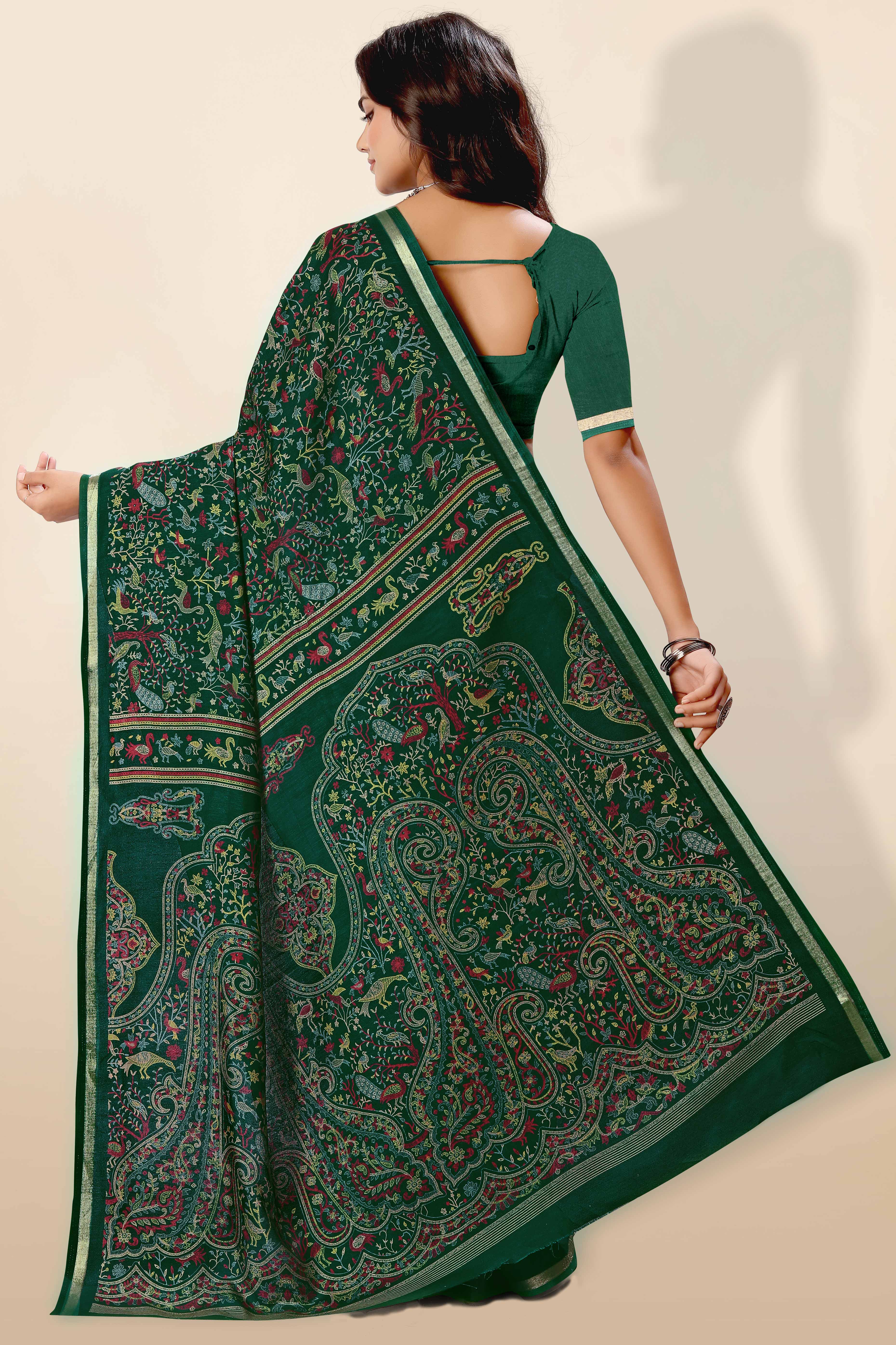 Green Tussar Silk Blend Saree with Intricate Floral & Bird Kashmiri Print & Elegant Zari Border - Image 8